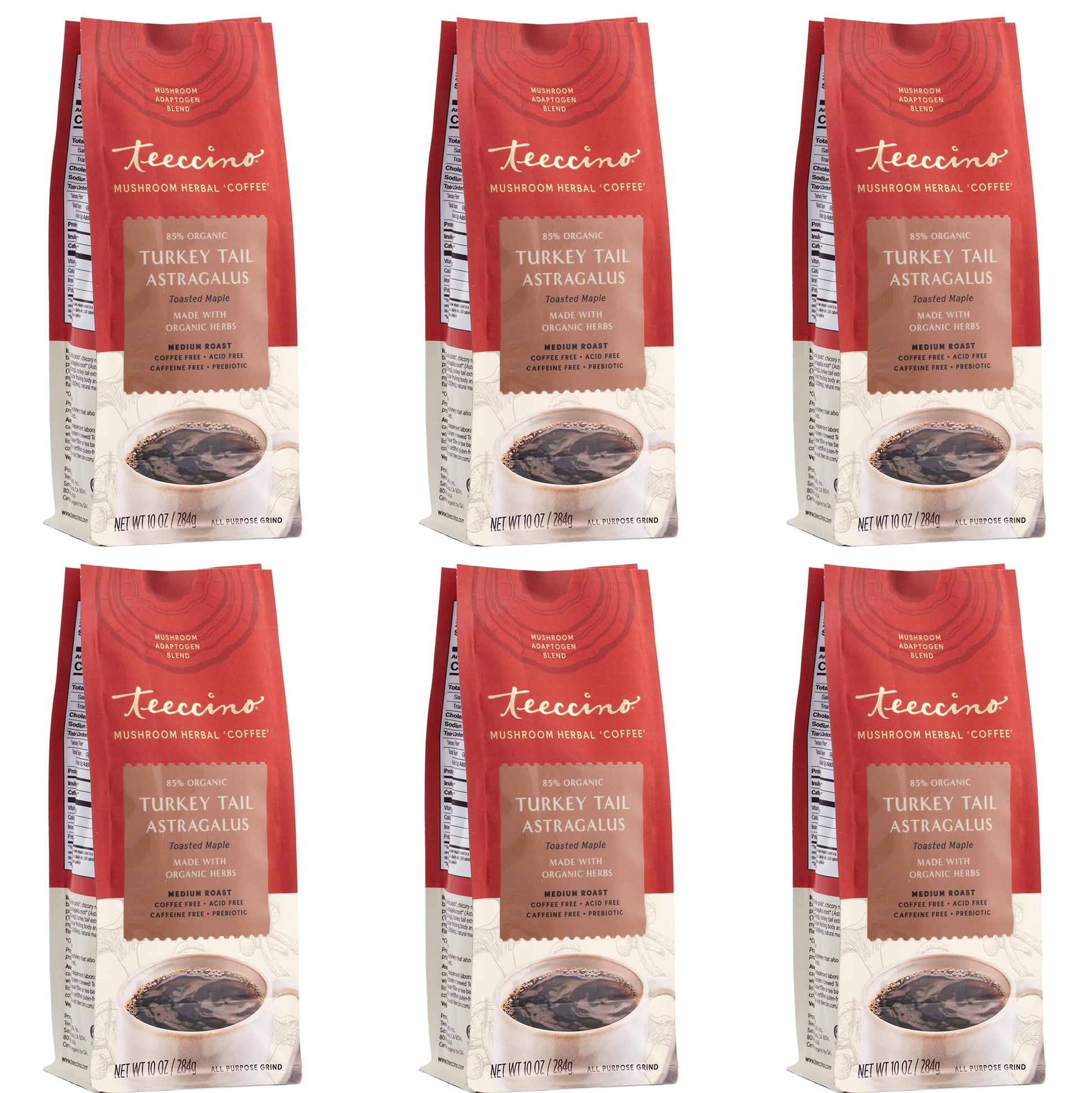 Teeccino Turkey Tail Coffee Alternative, Toasted Maple, Medium Roast, Caffeine Free, 10 Oz, Pack of 6