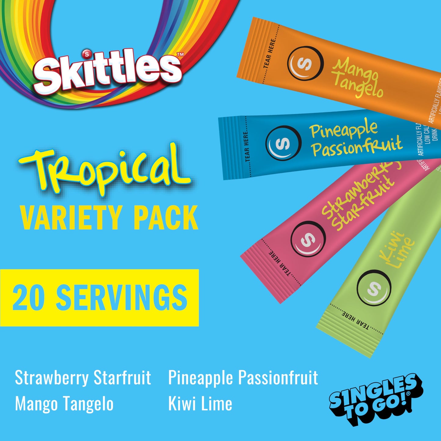 SINGLES TO GO! Skittles Singles To Go Variety Pack, Zero Sugar, Low Calorie, 20 Single Servings, Tropical Flavors, 1.92 Ounce