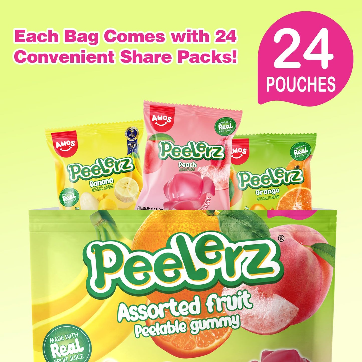 Amos Peelerz Assorted Peelable Gummy - Tropical Peeling Candy Variety Pack | Banana  Orange & Peach | 24 Individual Packs (608g) | Fun  Chewy & Shareable Treat