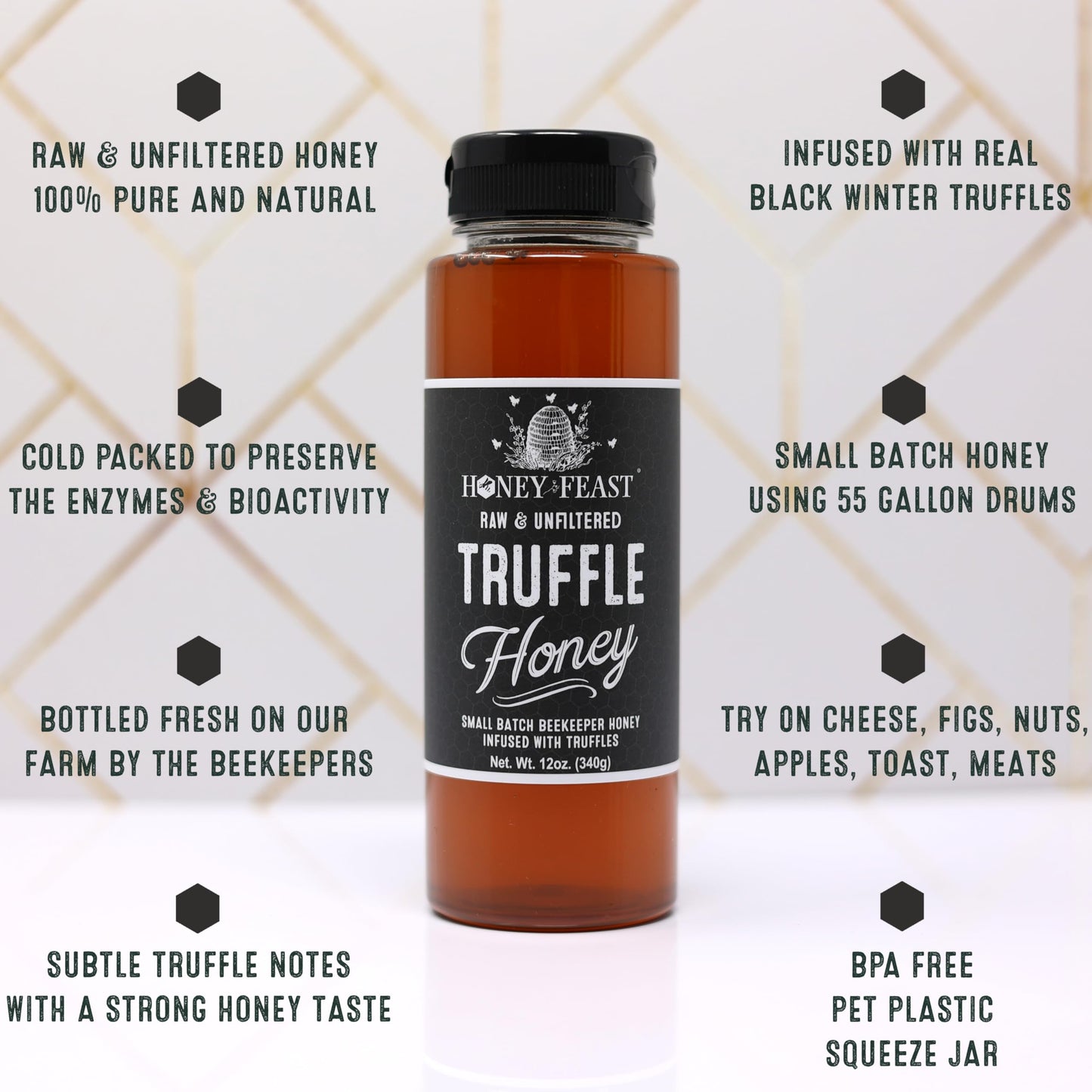 Honey Feast 12Oz Truffle Honey - Gourmet Infused Honey With Premium Black Truffle, Luxurious Truffle Sauce For Culinary Delights