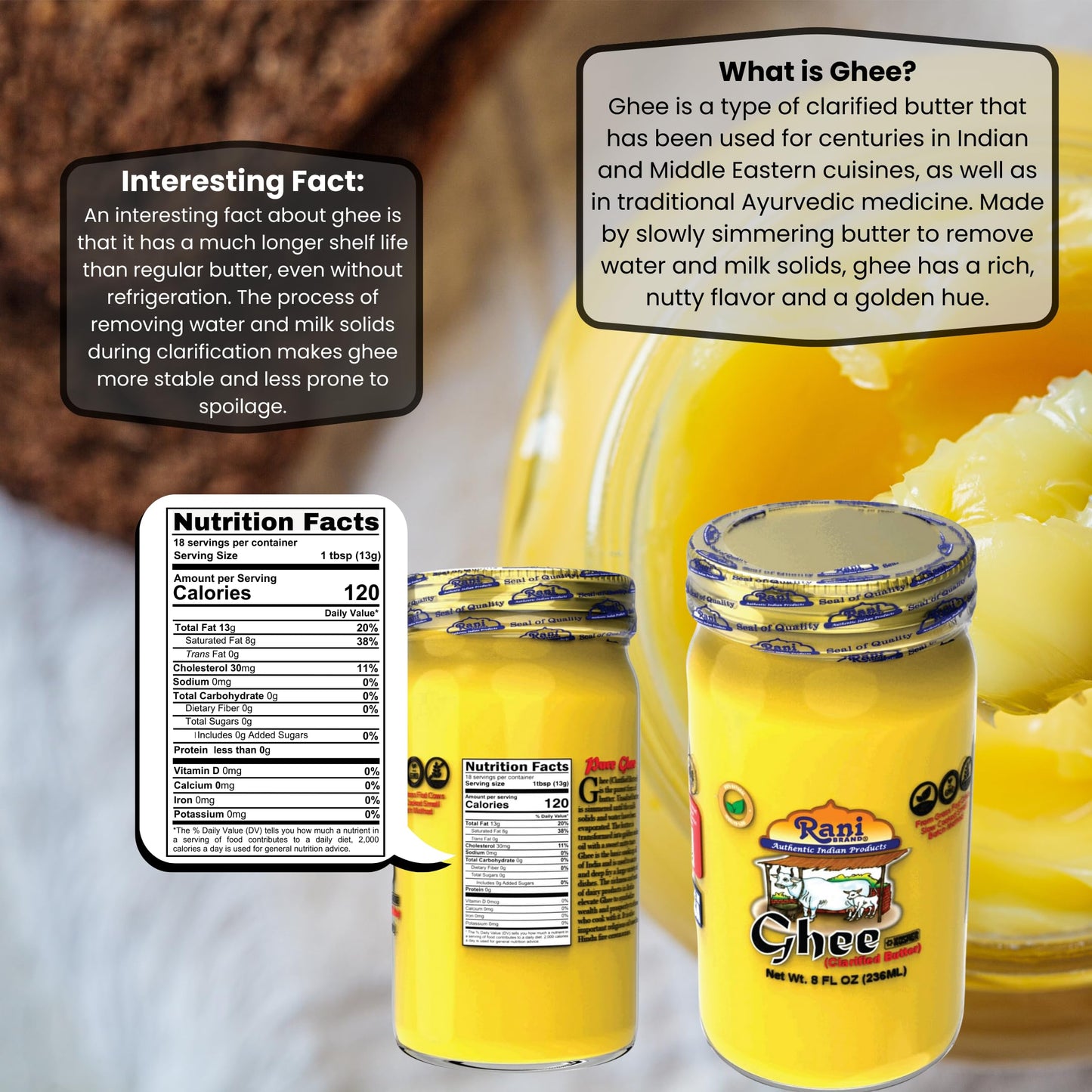 Rani Ghee Pure & Natural from Grass Fed Cows (Clarified Butter) 8oz (227g) ~ Glass Jar | Paleo Friendly | Keto Friendly | Gluten