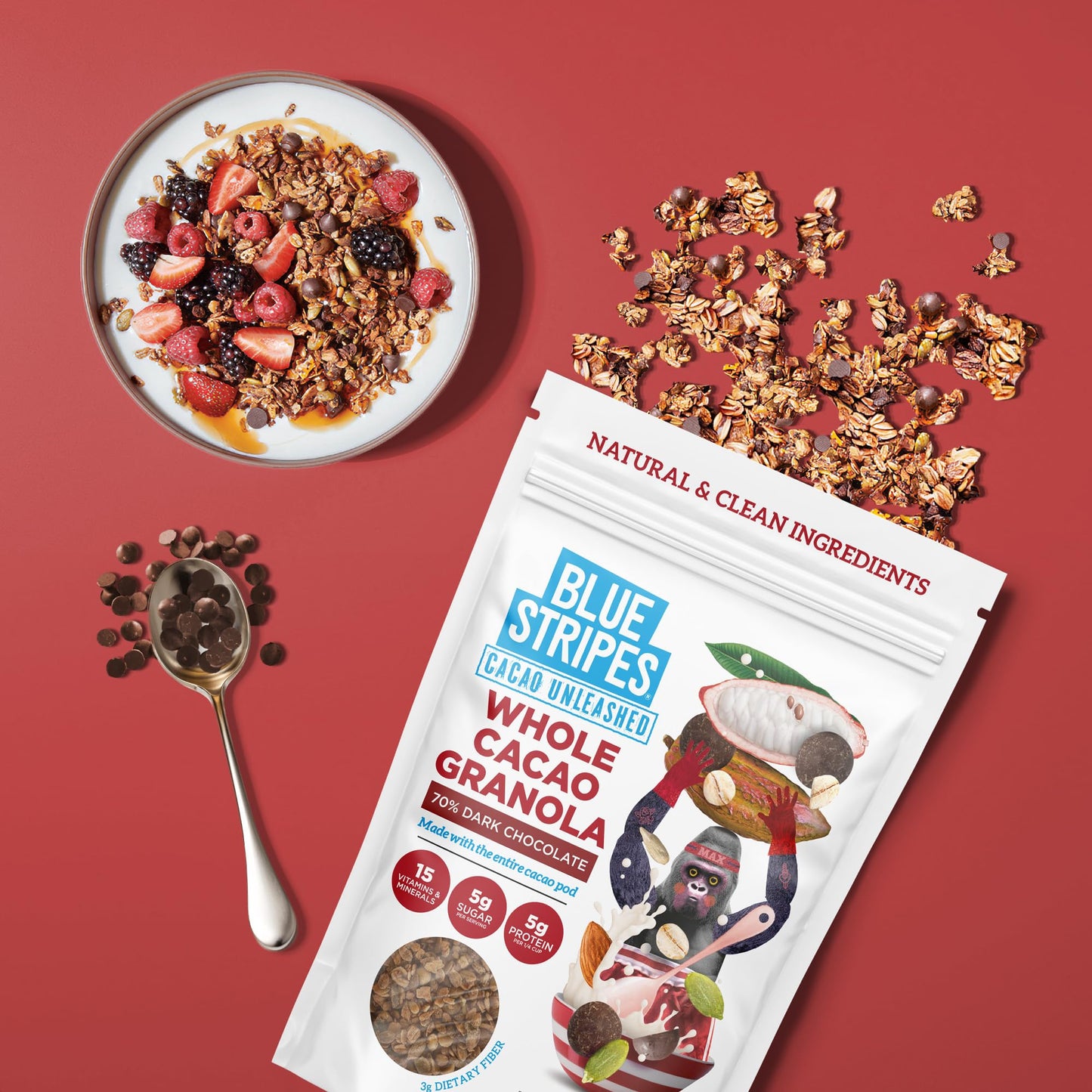 Blue Stripes Dark Chocolate Whole Cacao Granola, 8 Oz