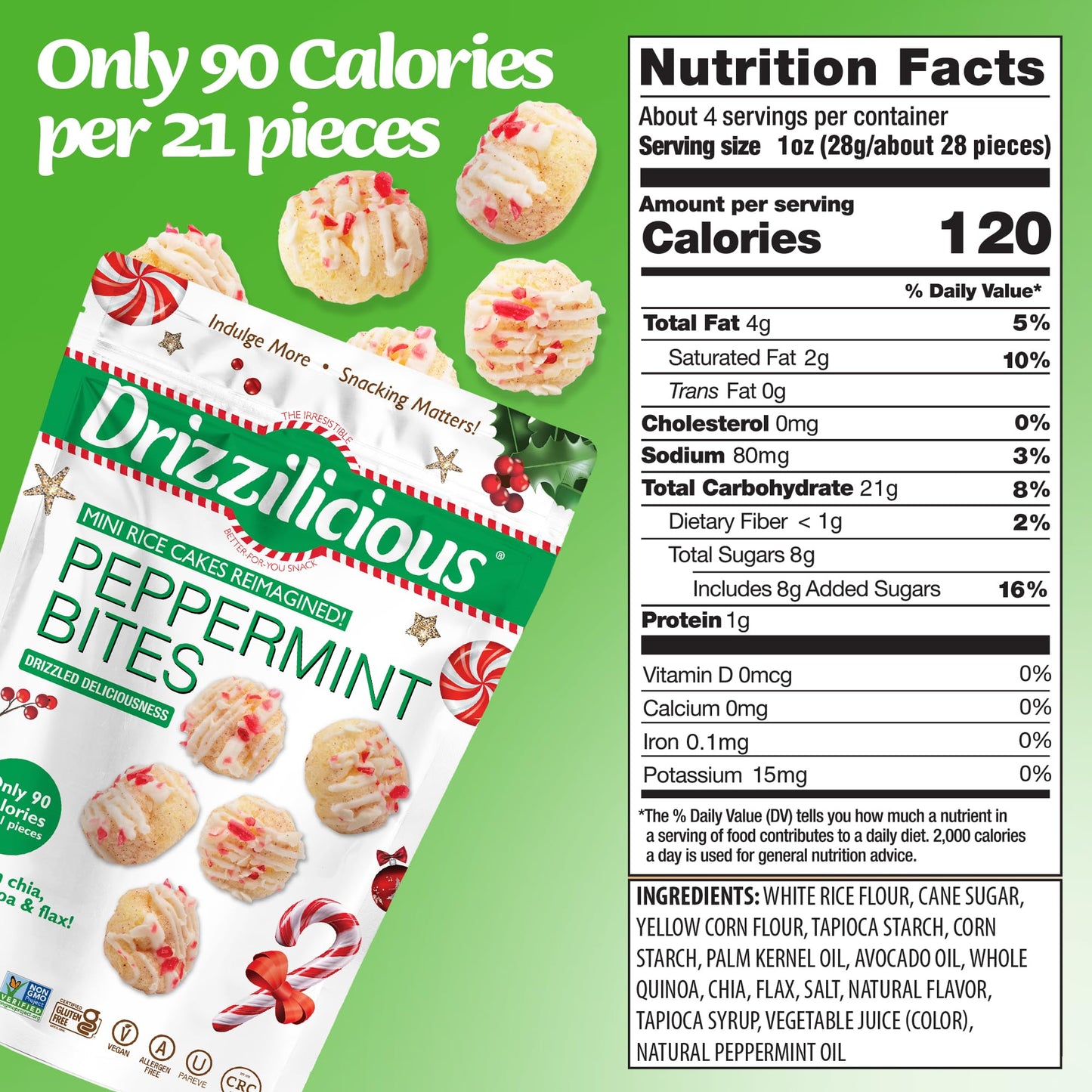 Drizzilicious Mini Rice Cakes - Rice Crisps, Healthy Snack For Mature-Themeds And Kids, Flavored Rice Cakes, Vegan, Gluten Free, Only 90 Calories Per Serving - Peppermint, 4 Oz (Pack Of 2)