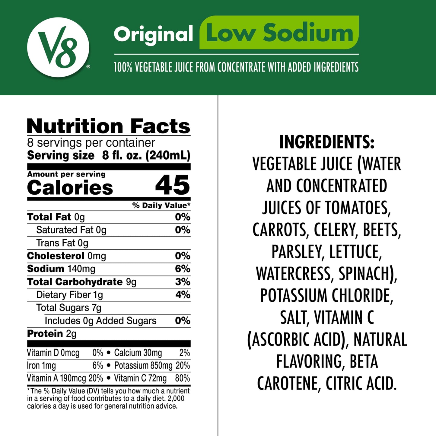 V8 Low Sodium Original 100% Vegetable Juice, 64 fl oz Bottle