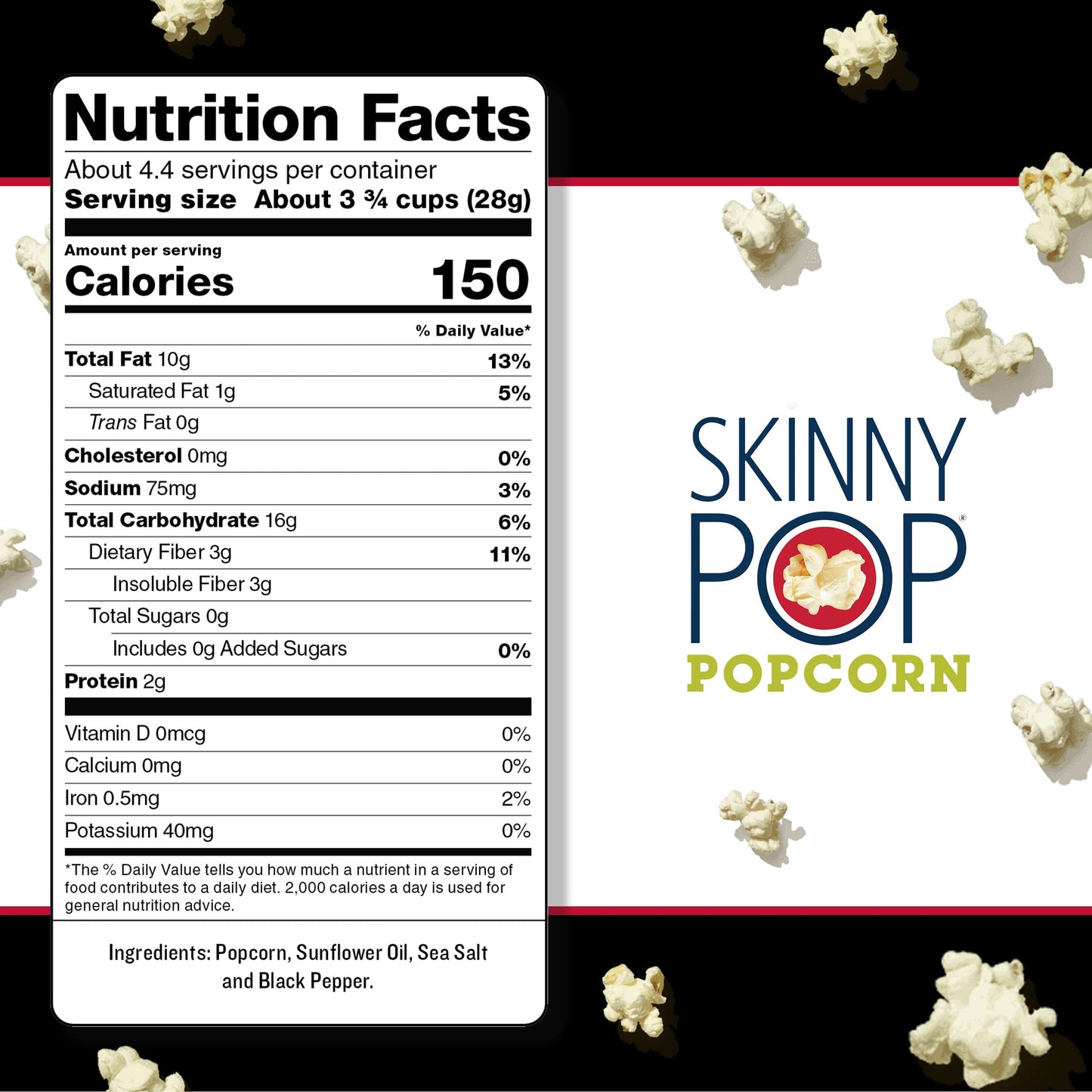 Skinnypop Sea Salt & Pepper Popcorn, Gluten Free, Non-Gmo, Healthy Popcorn Snacks, Skinny Pop, 4.4Oz Grocery Size Bag
