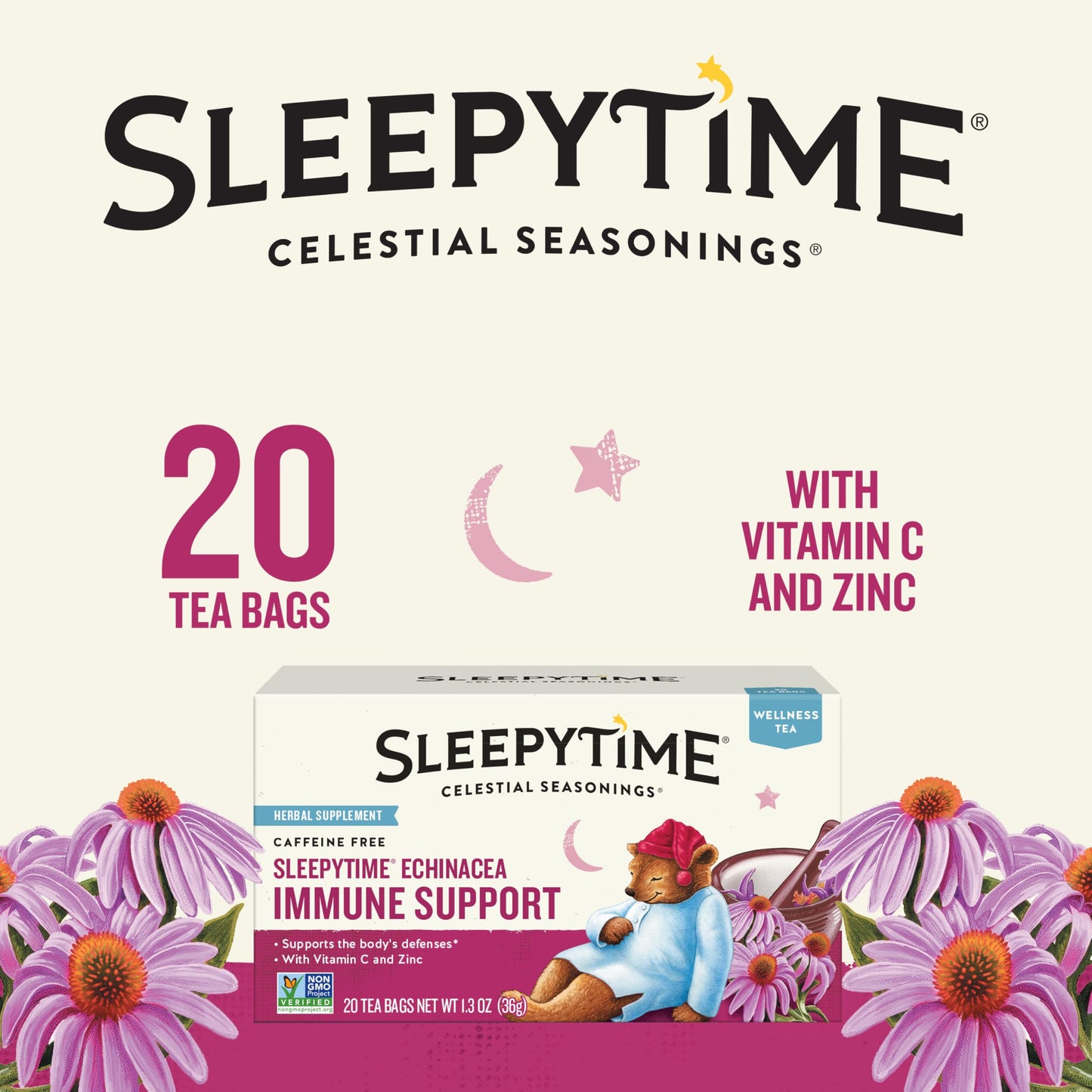 Celestial Seasonings Wellness Tea Sleepytime Echinacea, Caffeine Free, 20 Count (Pack of 6)