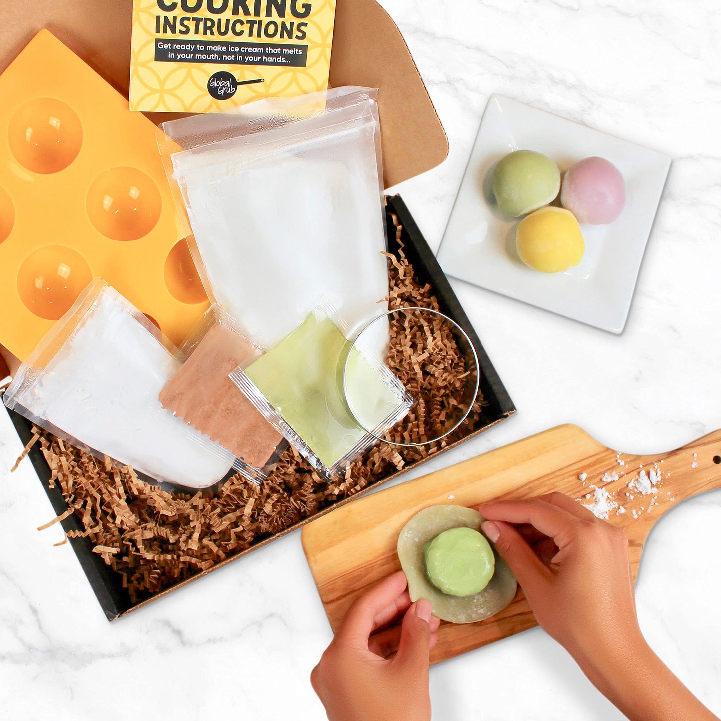 Global Grub Original Diy Mochi Ice Cream Kit - Kit Includes Sweet Rice Flour, Potato Starch, Matcha Powder, Cocoa Powder, Ice Cream Mochi Maker, Dough Cutter, Cooking Instructions. Makes 32 Pieces