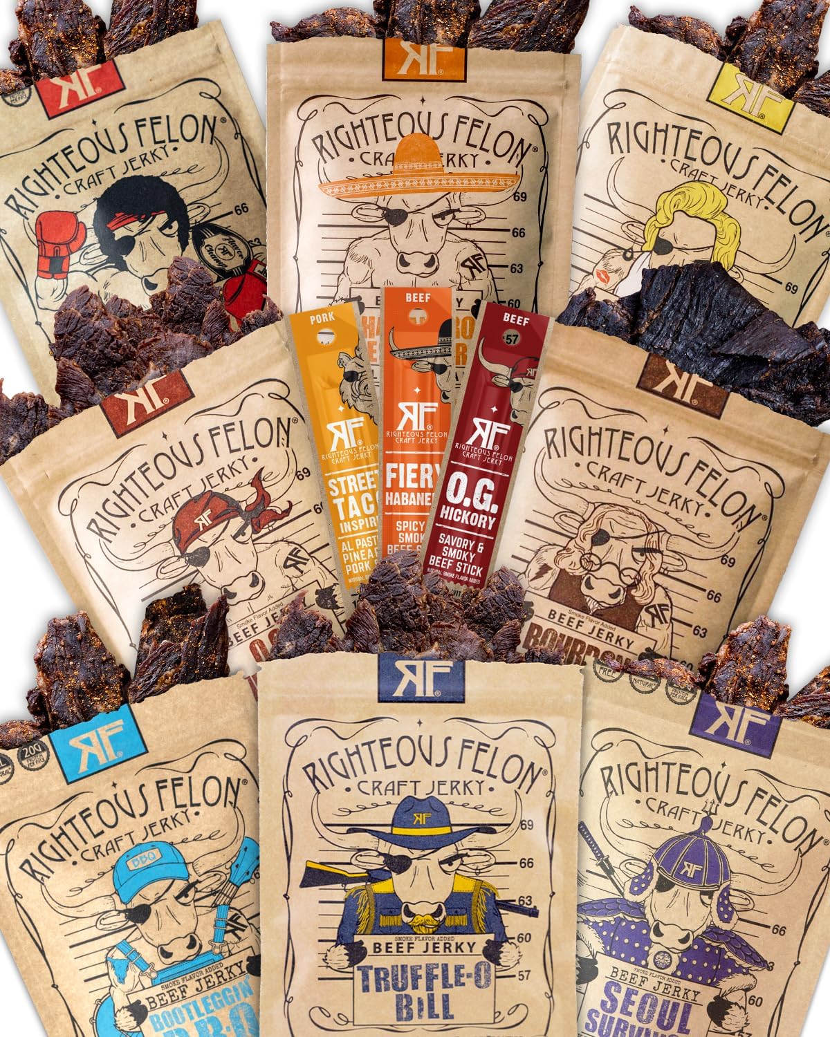 Righteous Felon Beef Jerky Variety Pack - Gluten Free, High Protein, Low Sugar, 14 Piece Set