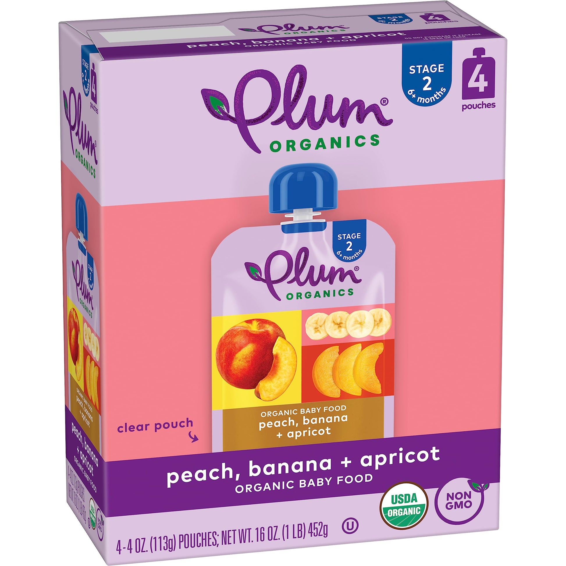 Plum Organics Stage 2 Organic Baby Food - Peach, Banana, And Apricot - 4 Oz Pouch (Pack Of 4) - Organic Fruit And Vegetable Baby