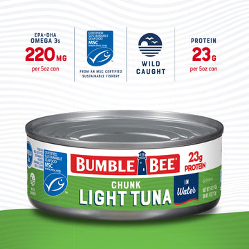 Bumble Bee Chunk Light Tuna In Water, 5 Oz Cans (Pack Of 48) - Wild Caught Tuna - 22G Protein Per Serving - Non-Gmo Project Verified, Gluten Free, Kosher - Great For Tuna Salad And Recipes