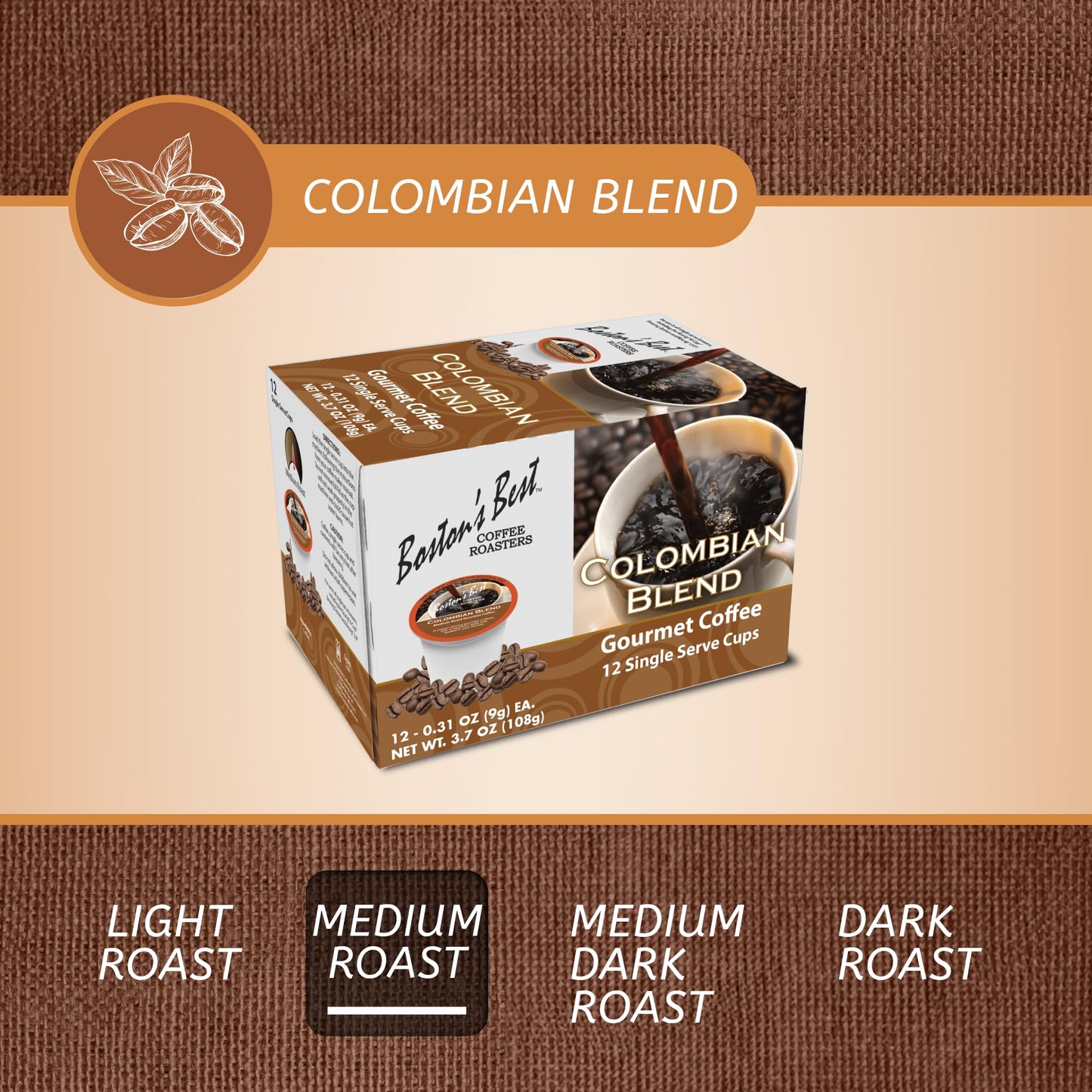 Bostons Best Colombian Blend Medium Roast Coffee, Compatible with Keurig, 12 Single Serve Cups