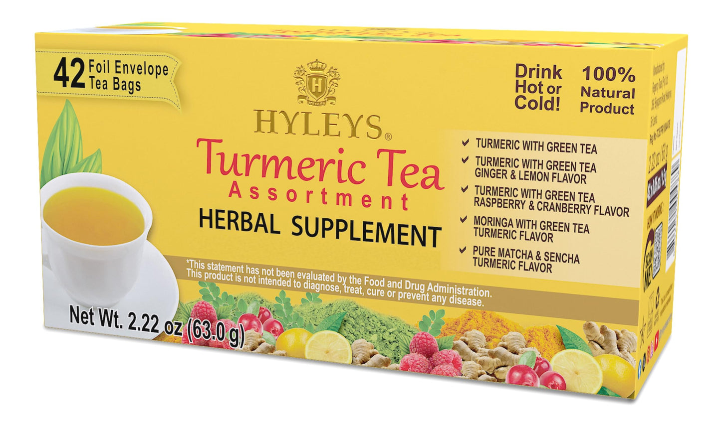HYLEYS Turmeric with Green Tea, Assorted Flavors, 42 Tea Bags, 42 Count, Pack of 1