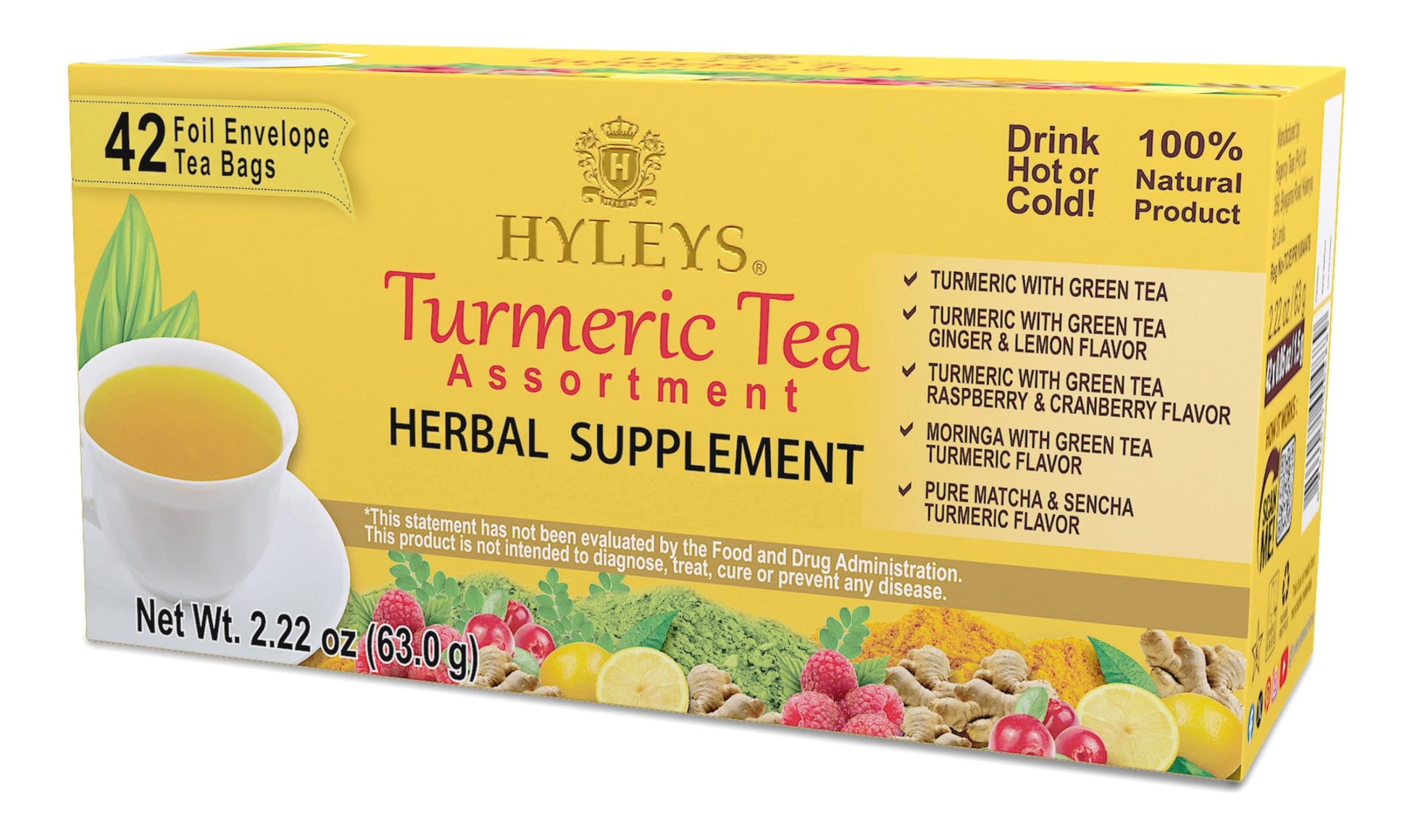 HYLEYS Turmeric with Green Tea, Assorted Flavors, 42 Tea Bags, 42 Count, Pack of 1