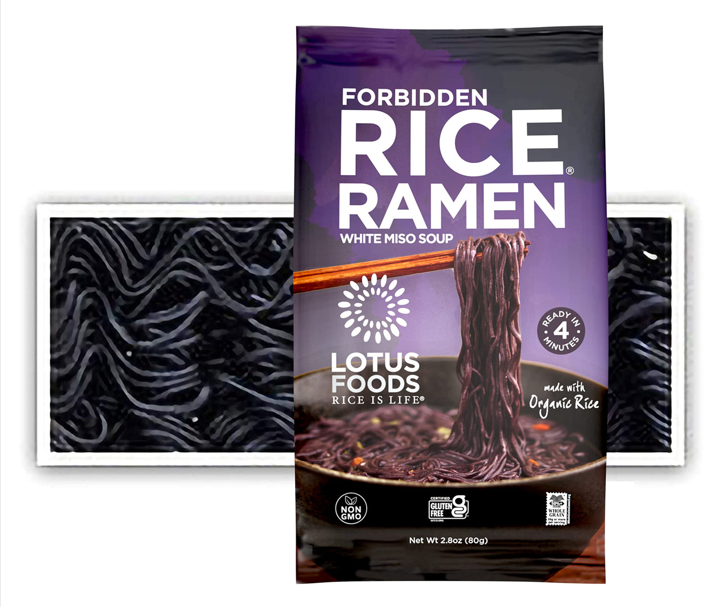 Lotus Foods Organic Forbidden Rice Ramen With Miso Soup - Gluten Free Ramen Noodles, Whole Grain Noodles, Organic Vegan Ramen, Rice Noodles, Miso Soup - 2.8 Oz Bags (Pack Of 10)