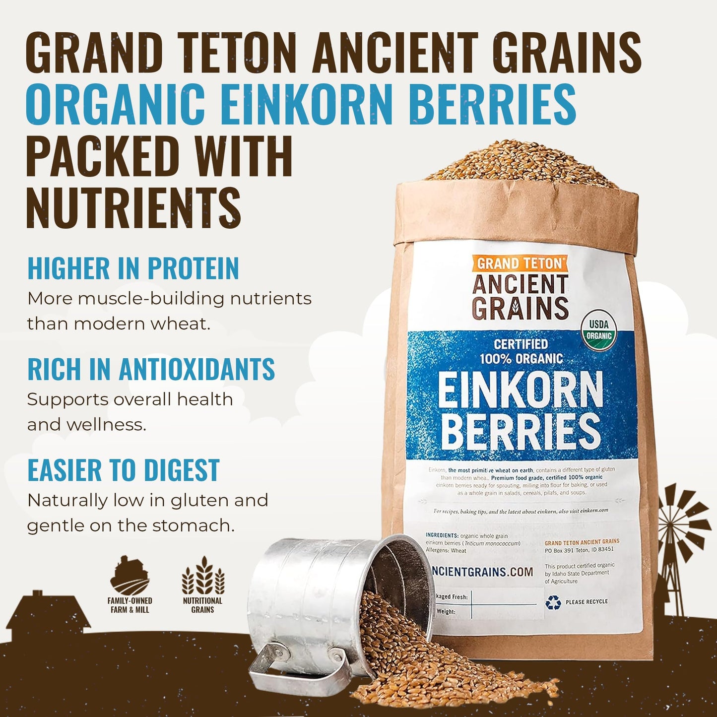 Grand Teton Organic Einkorn Berries - Premium Food-Grade Farro Piccolo, 7.5 lbs