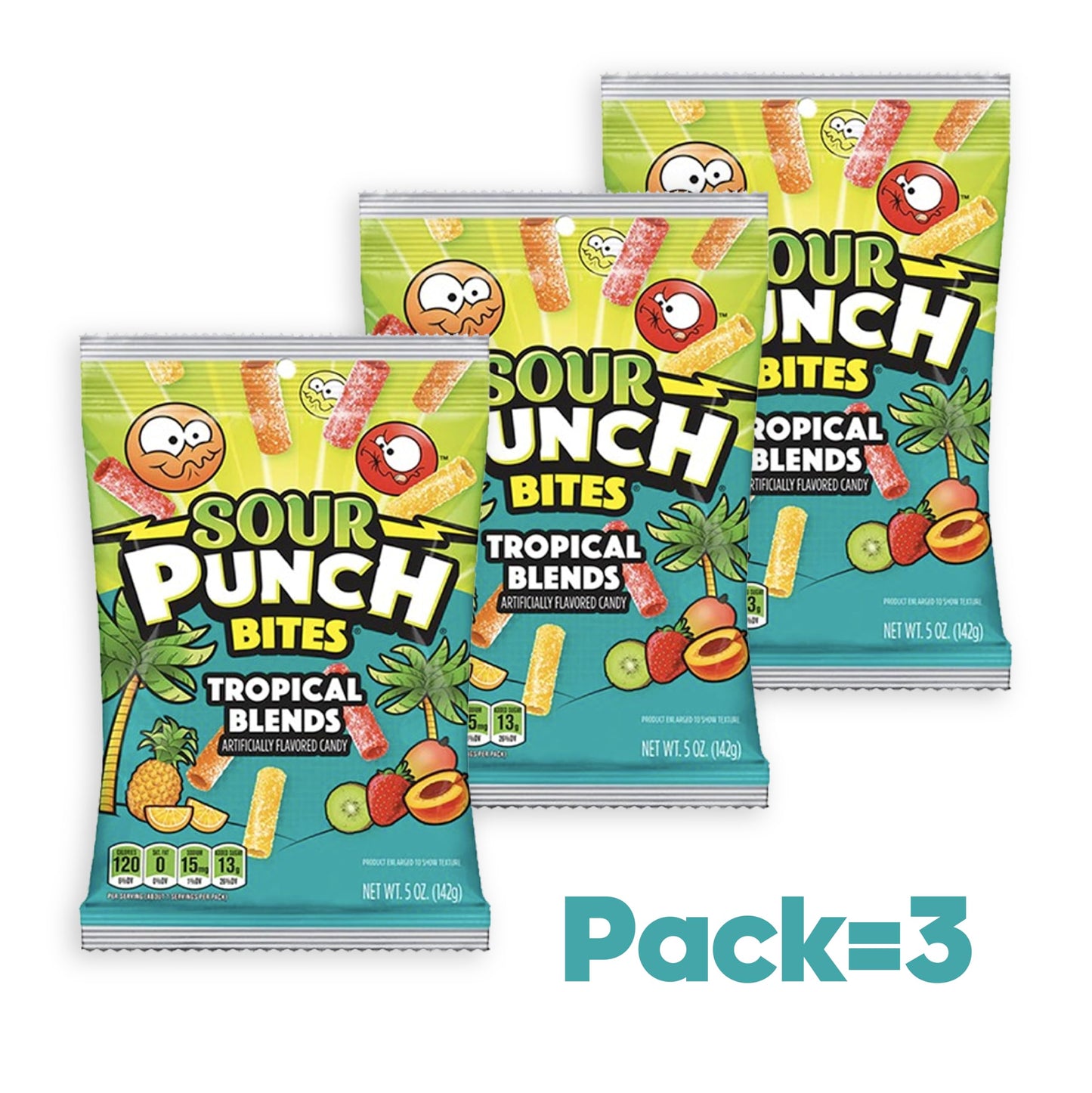 Sour Punch Tropical Candy, 5 Oz - Chewy, Mouthwatering Tropical-Flavored Sour Candy - Fat-Free, Low Sodium Treat For Kids & Adul