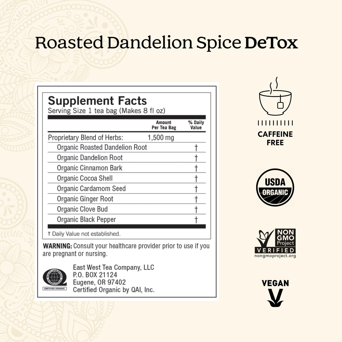 Yogi Tea Roasted Dandelion Spice DeTox Tea - Caffeine Free Herbal Blend, 0.85 Ounce (Pack of 6), 96 Organic Tea Bags