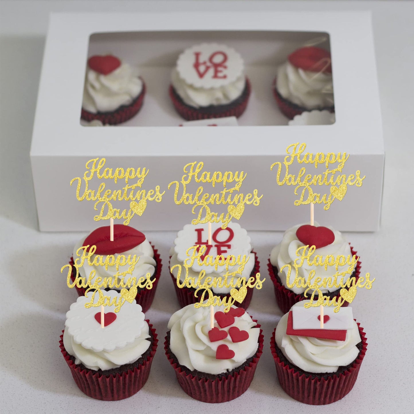 24 Pcs Happy Valentine'S Day Cupcake Toppers Glitter Sweet Love Be Mine Valentines Cupcake Picks For Valentine'S Day Theme Weddi
