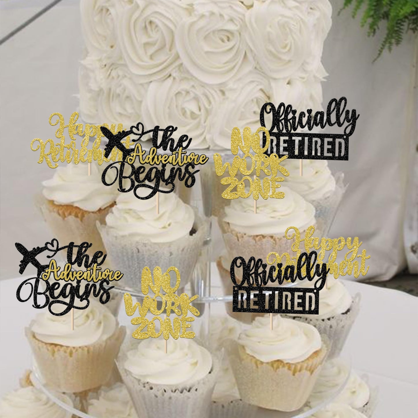 Rssta i Cupcake Toppers - 24 Pack Retired Cake Decorations, Black Gold, Cardstock for Retirement Party