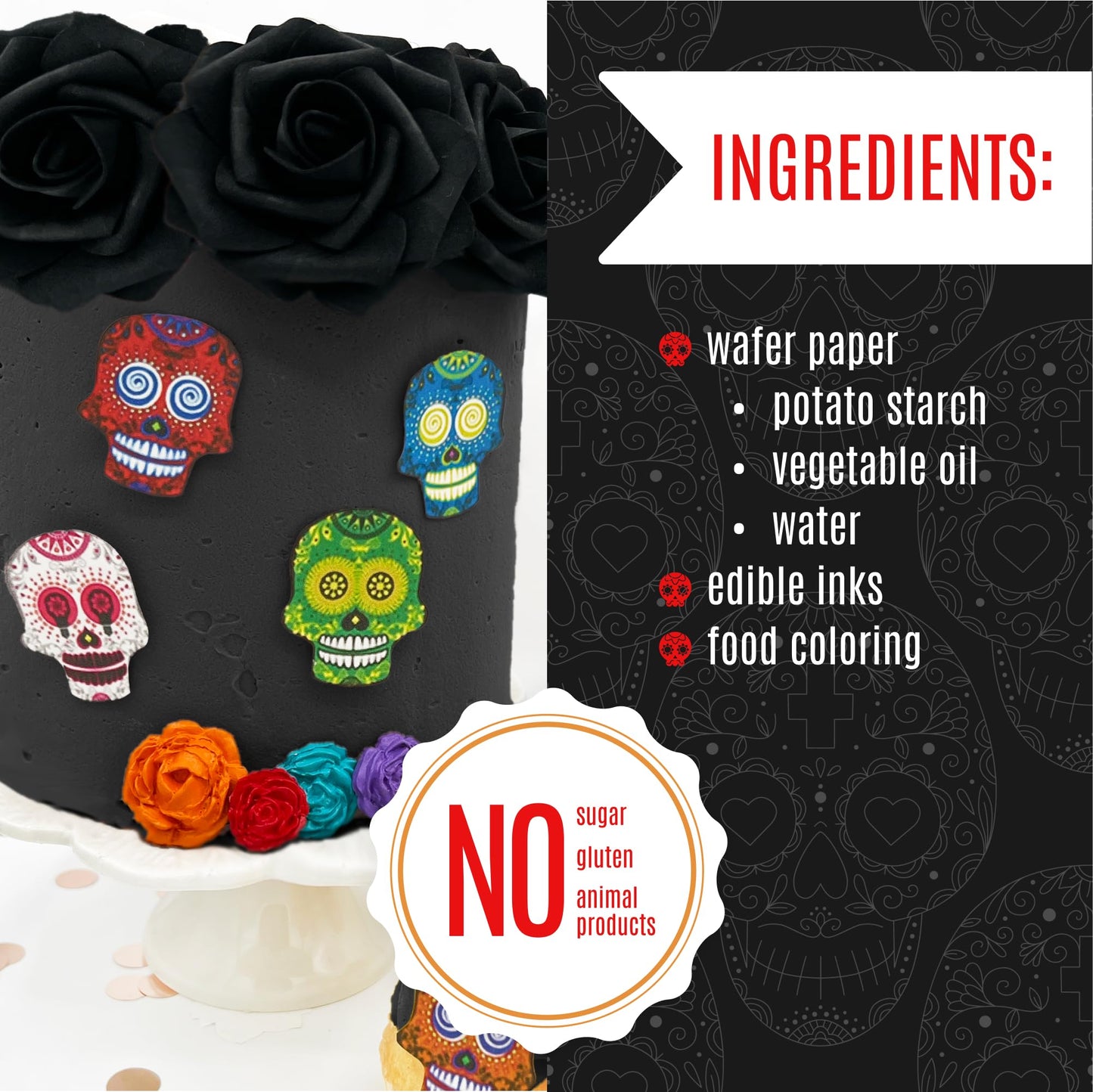 Sugar Robot Inc. Edible Halloween Cake Toppers - Sugar Skulls Set of 24 - 2.5 inches - Small Skulls - Paper