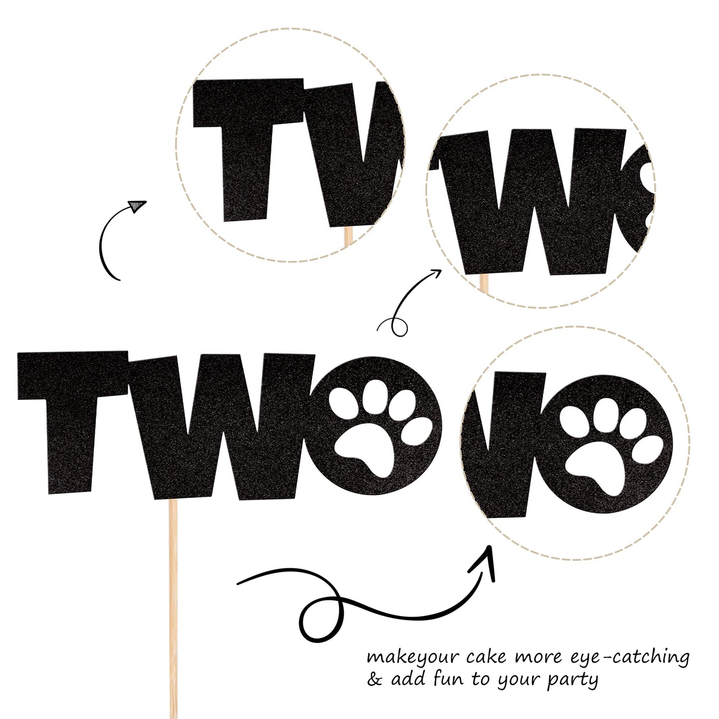 1 Pcs Two Cake Topper Black Glitter Dog Paw 2 Years Old Birthday Cake Pick For Puppy Dog Let'S Pawty Theme Kids Boys Girls 2Nd B