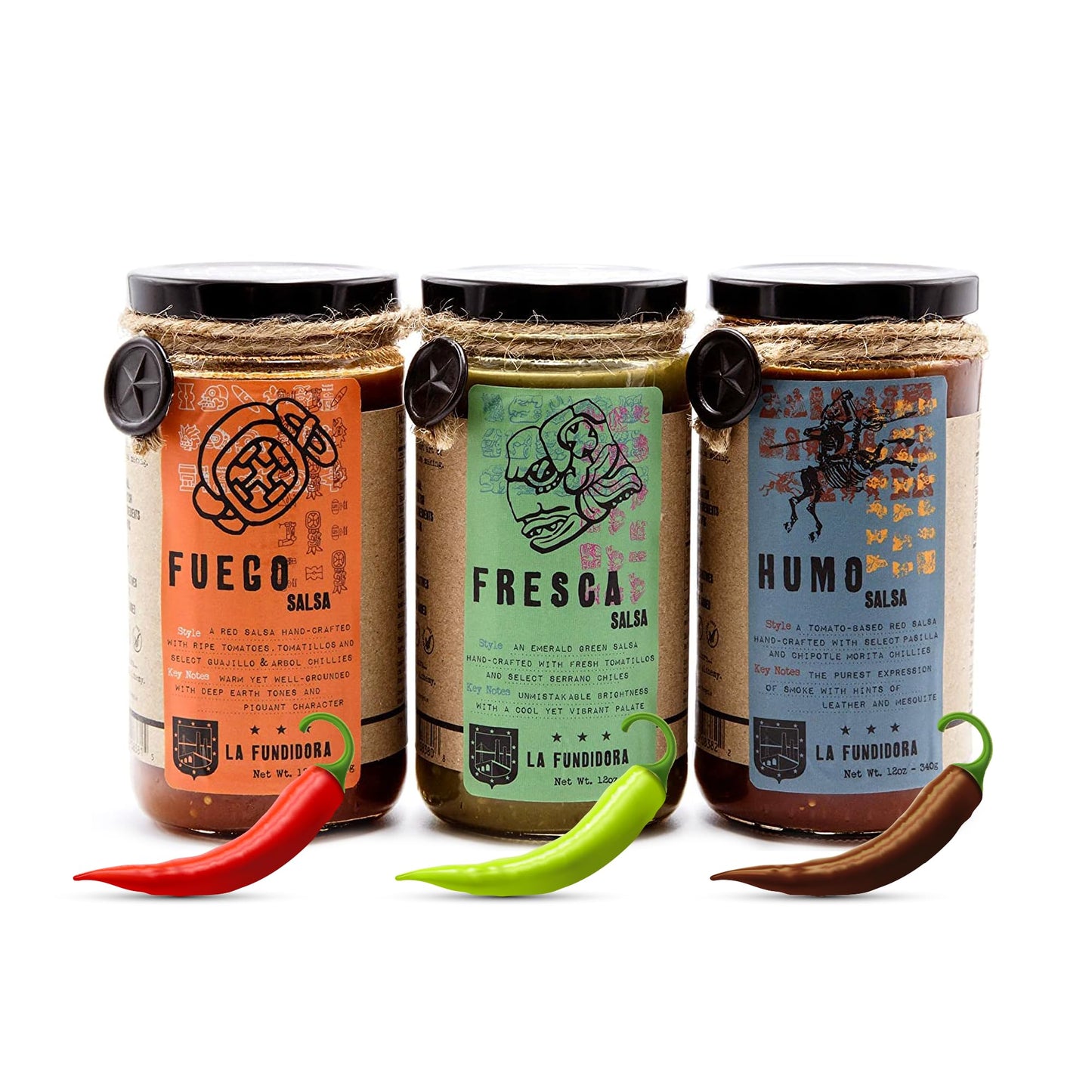 La Fundidora Trio Fresca, Fuego, Humo Salsas, Authentic Traditional Mexican Recipe, Smooth Homemade Spicy Dip, Fresh Small Batch