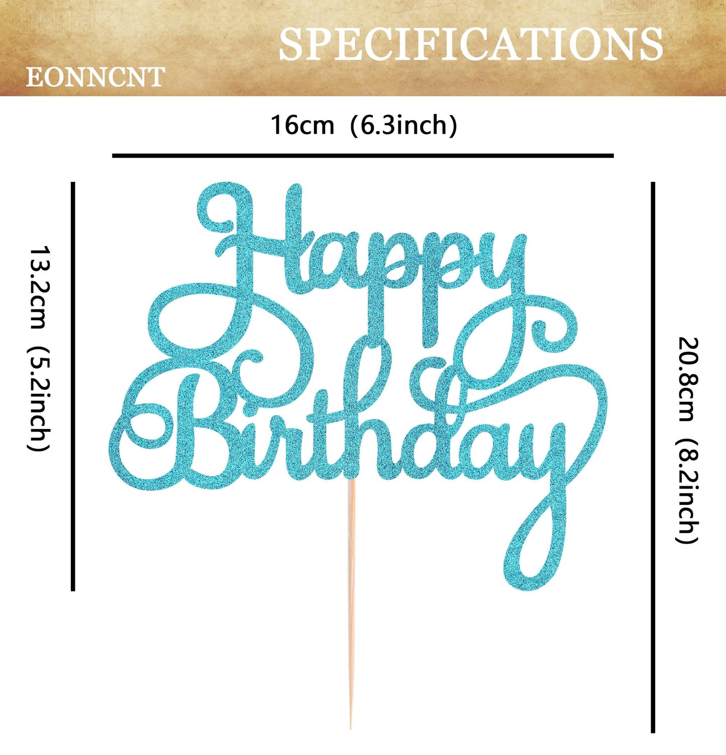 EONNCNT Happy Birthday Cake Topper - Sky Blue Glitter, Paper Material, Model MOUCCT-HB, Party Decoration Supplies