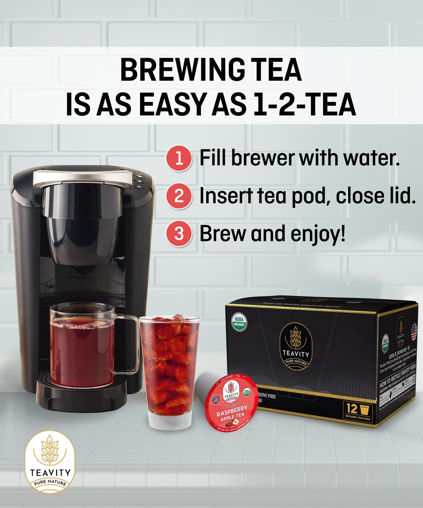 Organic Raspberry Apple Black Tea Pods For Keurig - Naturally Caffeinated Fruit Tea By Teavity (24 Tea Pods)