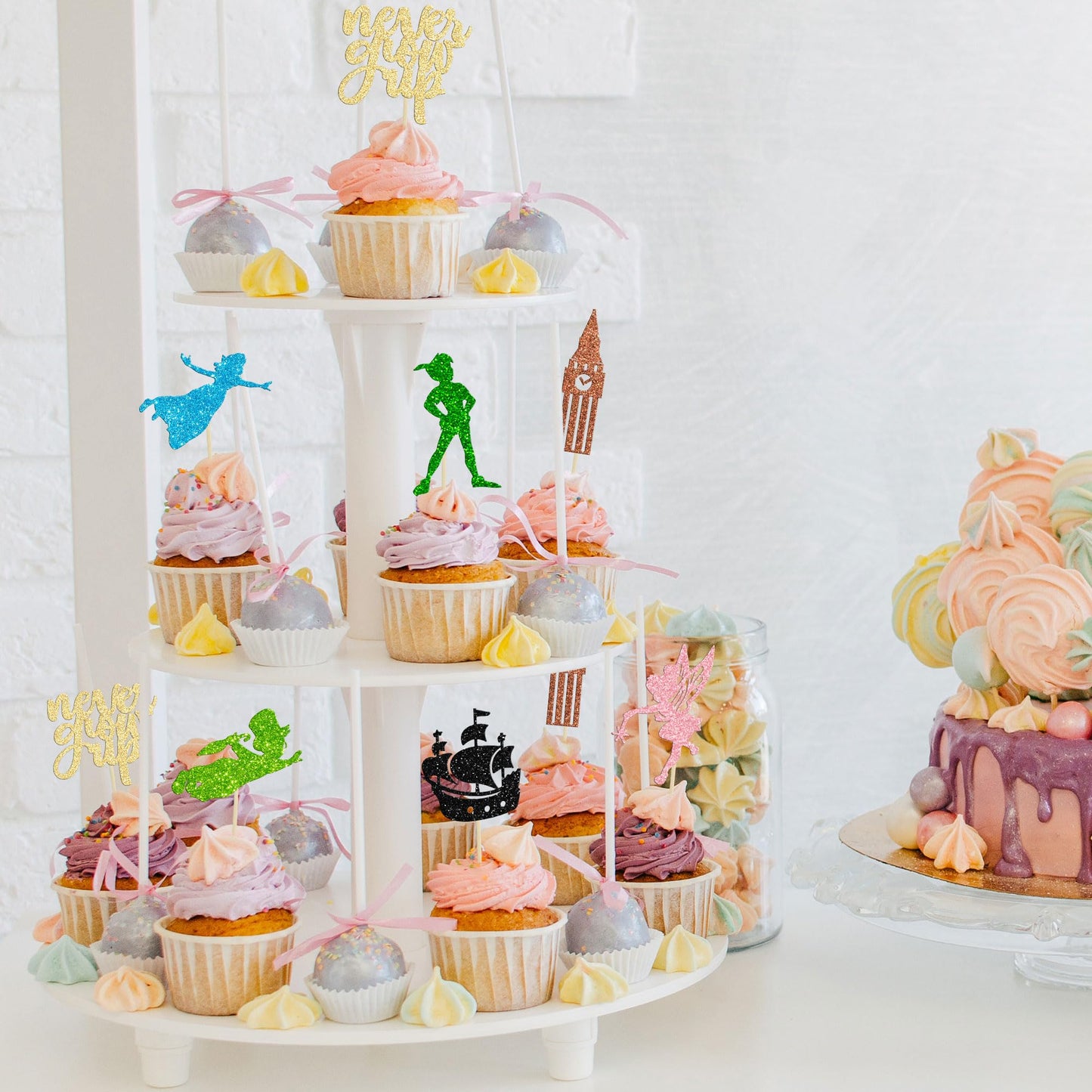 Gyufise 24 Pack Never Grow Up Cupcake Toppers Glitter Ship Neverland Elf Girl Cupcake Picks Night Fairy Tales P Pan Cupcake Deco