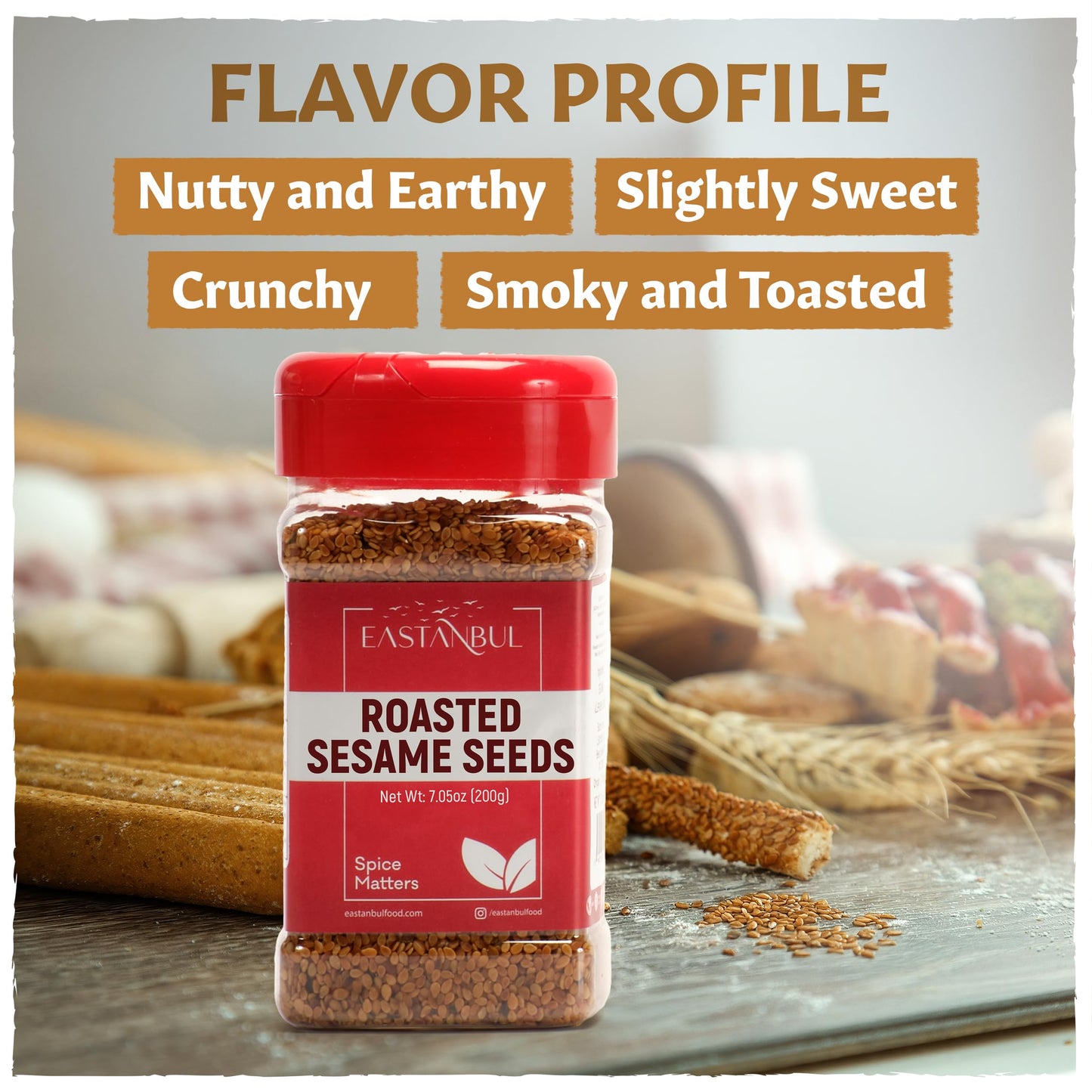 Eastanbul Toasted Sesame Seeds, 7.05Oz, Turkish Roasted White Sesame Seeds, Perfect For Baking, Cooking, Dressing, And Seasoning