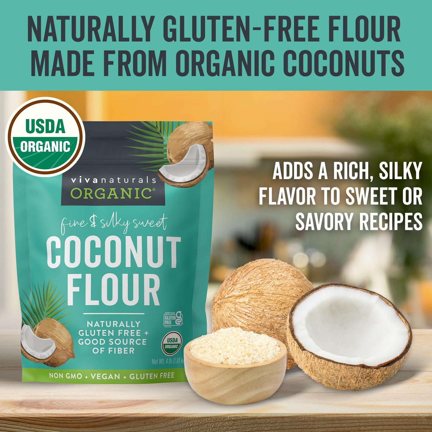 Viva Naturals Organic Coconut Flour, Gluten Free, 64 Ounce, Non-GMO, Low Fat, Ideal for Keto, Paleo & Vegan Baking