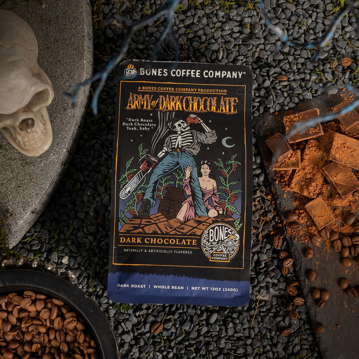 Bones Coffee Company Army Of Dark Chocolate Ground Coffee Beans, Dark Chocolate Flavor Low Acid Flavored Coffee, Made With Arabi