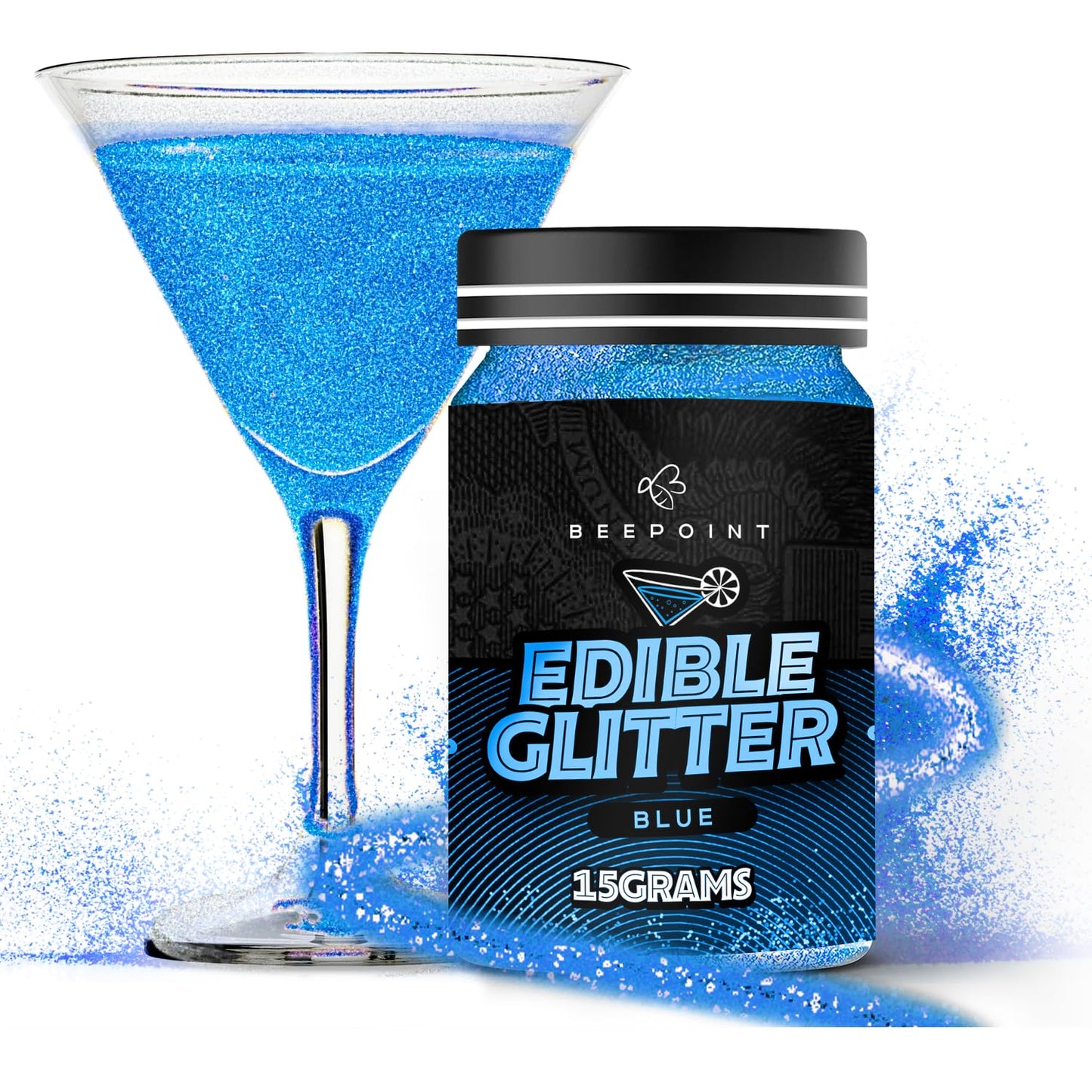 BeePoint Edible Glitter Luster Dust - Food Grade Shimmer Powder for Baking, Cocktails, & Cake Decorating - 15g - Blue