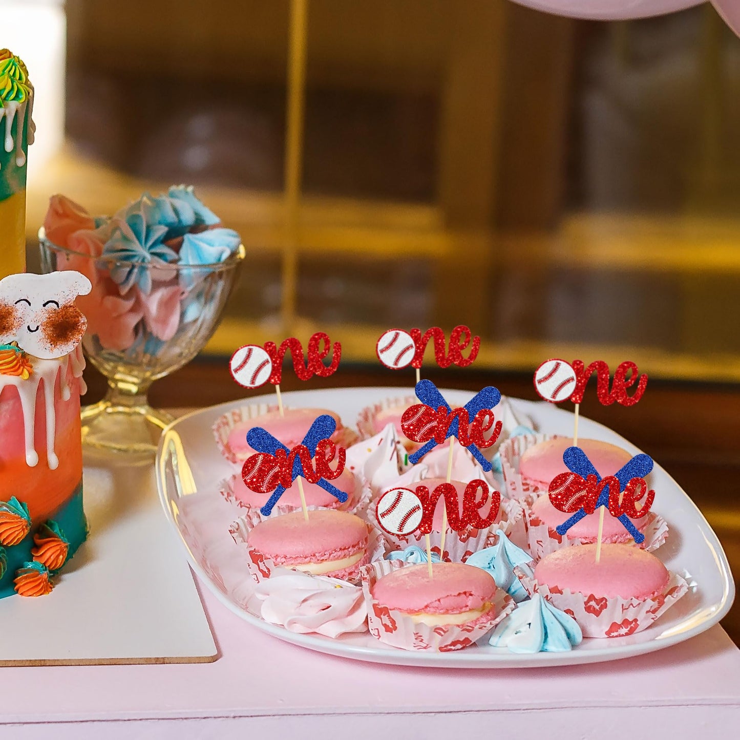 24Pcs Baseball 1St Birthday Cupcake Toppers Glitter First Birthday Baseball One Cupcake Picks Decorations For Baseball Sports Th