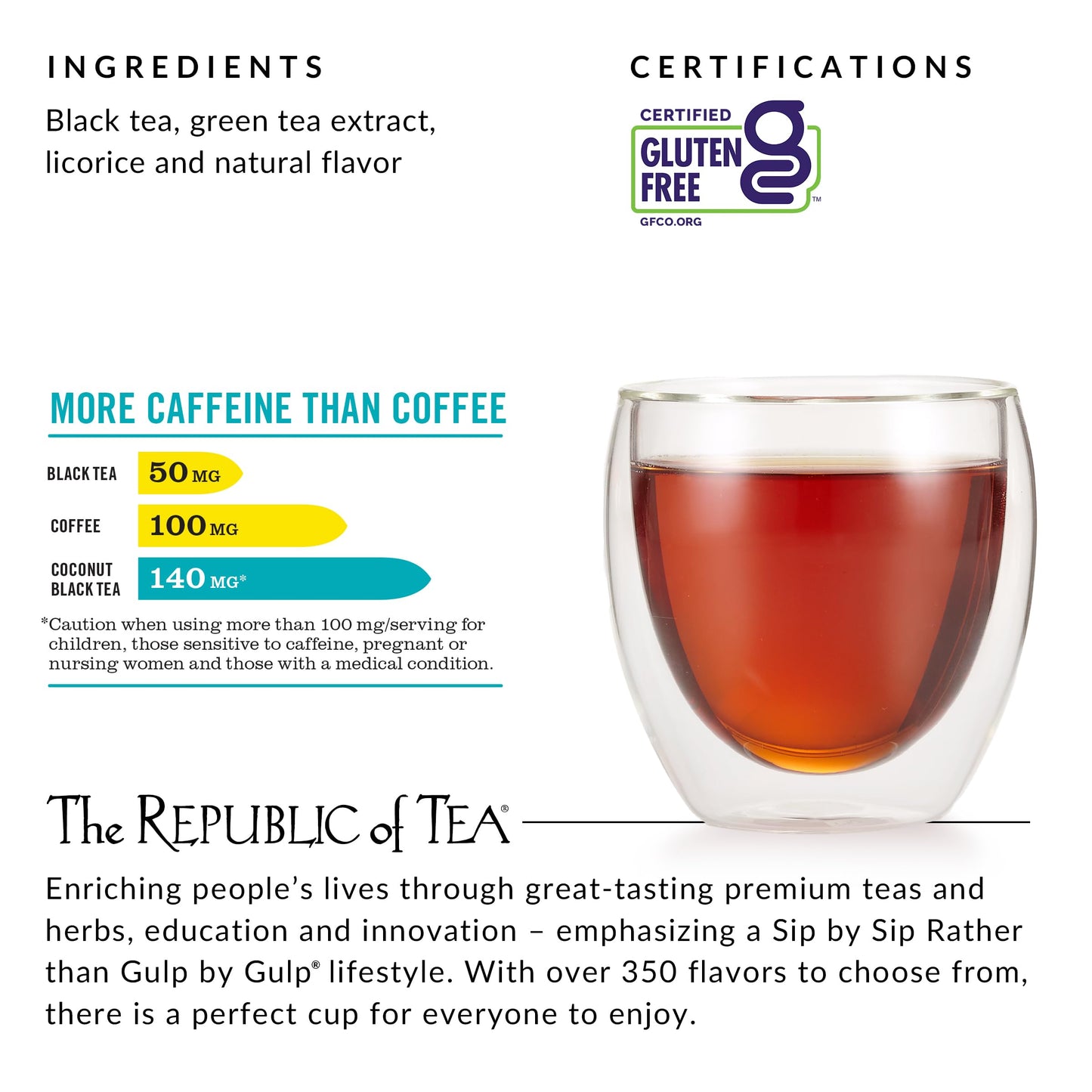 The Republic of Tea HiCAF Toasted Coconut Black Tea, 50 Count, High Caffeine