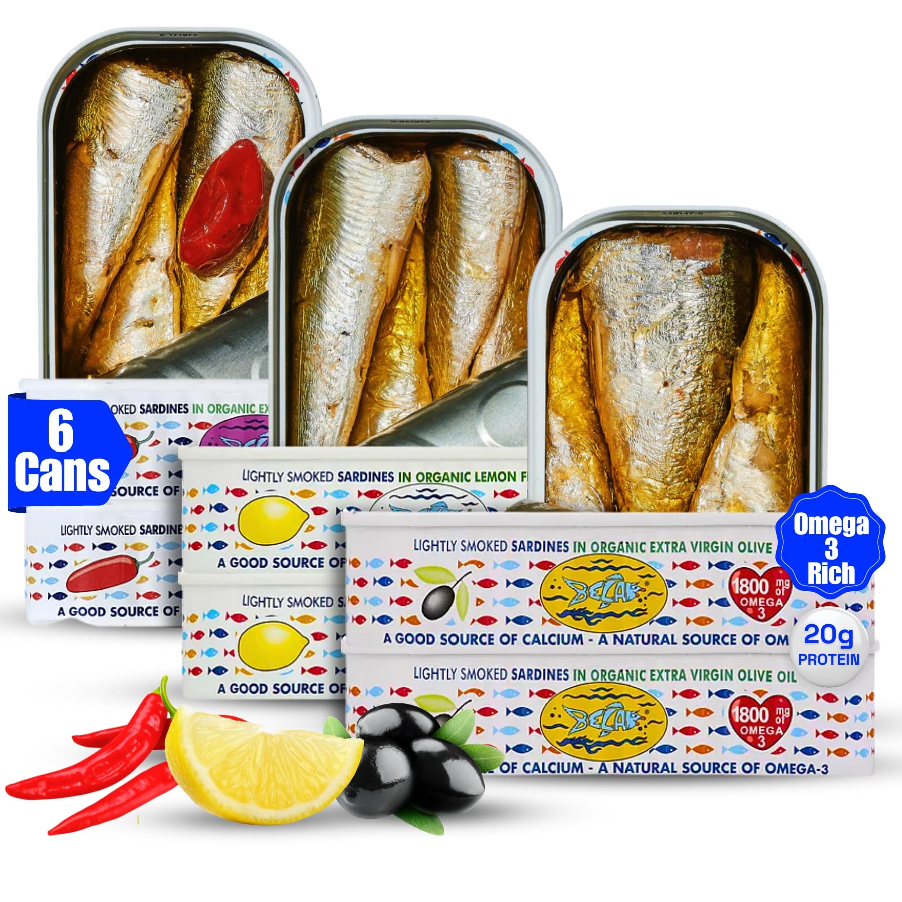BELA Wild Caught Portuguese Sardines Variety Pack - (2) Tins Each of Piri Piri, Lemon, & Smoke Flavor | 4.25 Oz (Pack of 6) | Hi