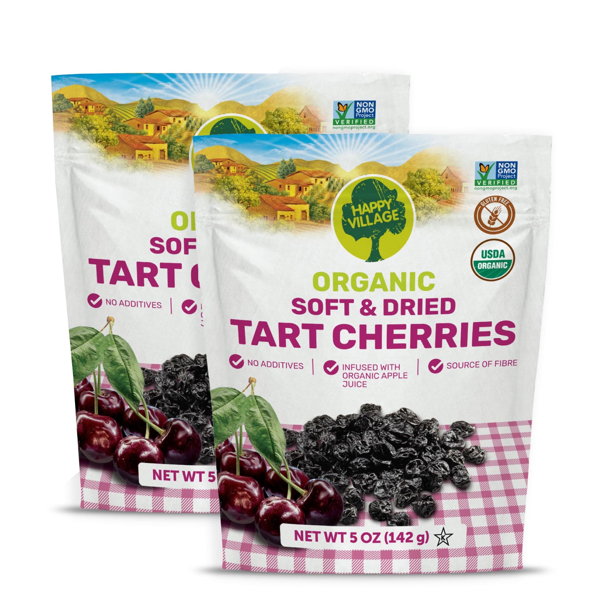 Happy Village Organic Whole Dried Tart Cherries  10 Oz (2 Packs Of 5 Oz) - Soft & Juicy  Kosher  Non-Gmo  No Refined Sugar  Apple Juice Infused Dried Tart Cherry