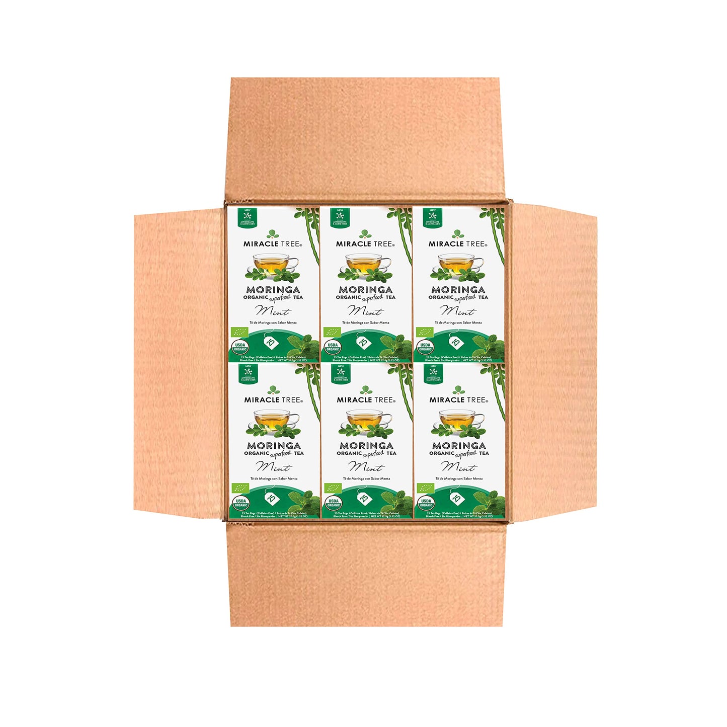 Miracle Tree Organic Moringa Superfood Tea - 25 Individually Sealed Bags, Mint Flavor, 6 Count Pack, Vegan, Gluten-Free, Caffeine-Free
