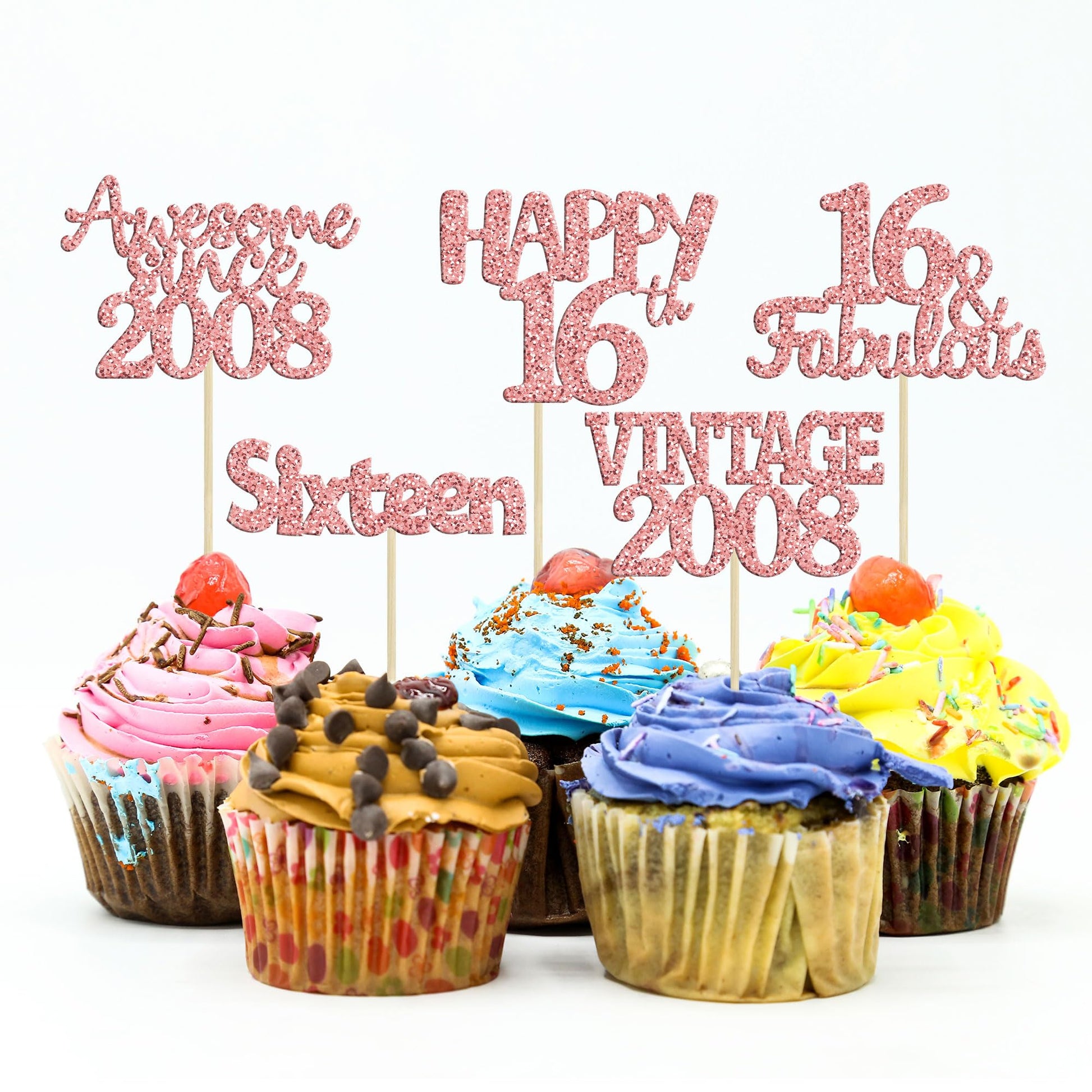 Gyufise 30Pcs Rose Gold Vintage 2008 Cupcake Toppers Glitter Happy 16Th Cheers To 16 Fabulous Sweet 16 Cupcake Picks 16Th Birthd