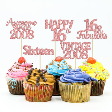 Gyufise 30Pcs Rose Gold Vintage 2008 Cupcake Toppers Glitter Happy 16Th Cheers To 16 Fabulous Sweet 16 Cupcake Picks 16Th Birthd