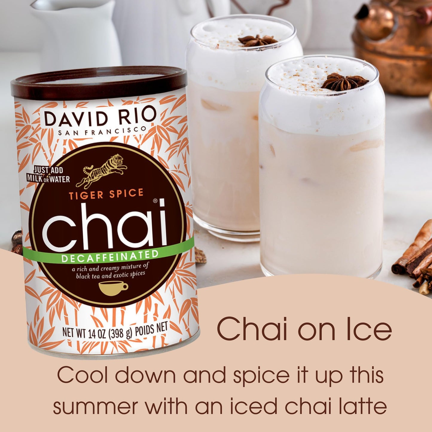 Tiger Spice Decaffeinated Chai Tea Latte Mix, 14 Oz, Decaf Black Tea, Organic Spices, Dairy Free, Serve Hot Or Cold, Just Add Wa