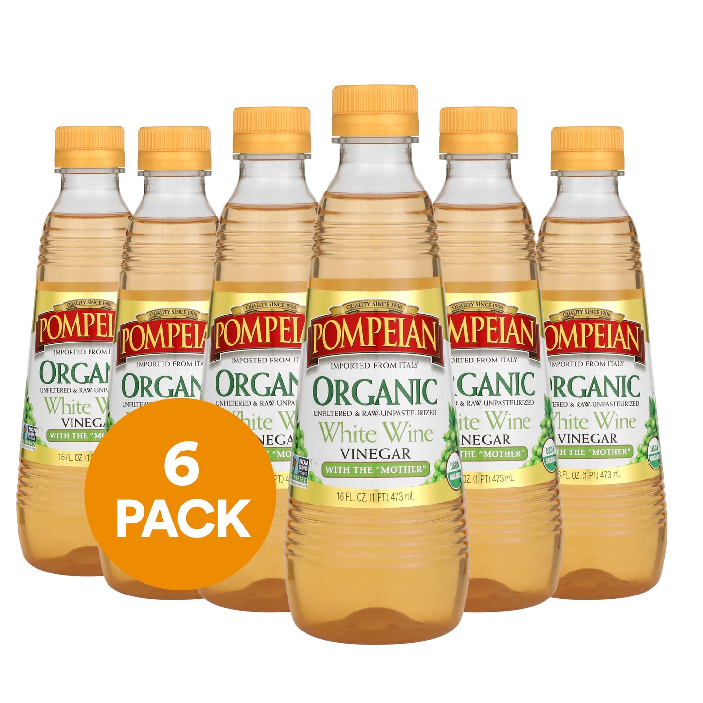Pompeian Gourmet Organic White Wine Vinegar, Unfiltered, 16 FL OZ, Pack of 6