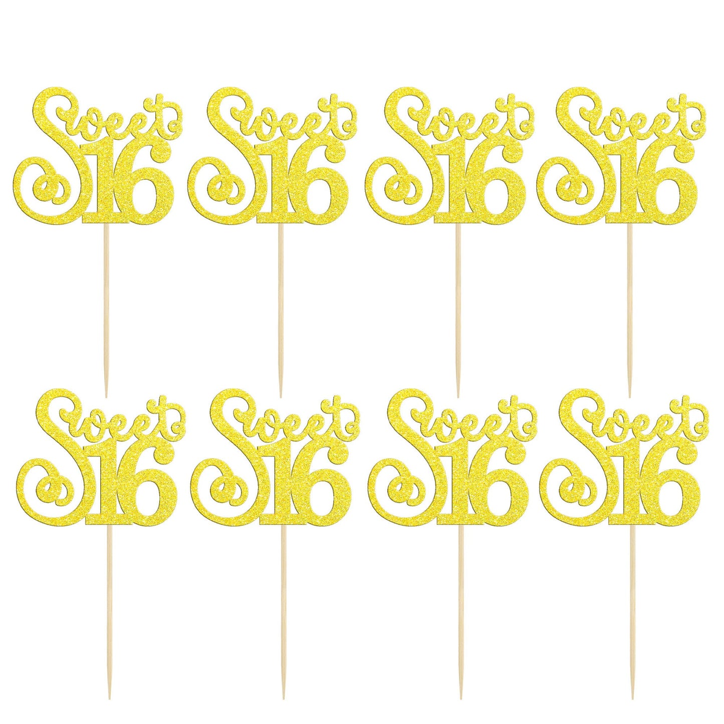Gyufise 24 Pack Cupcake Toppers, Glitter Sixteen Happy Sweet 16 Decorations, Multi Gold, Model ZN0475-4-LG