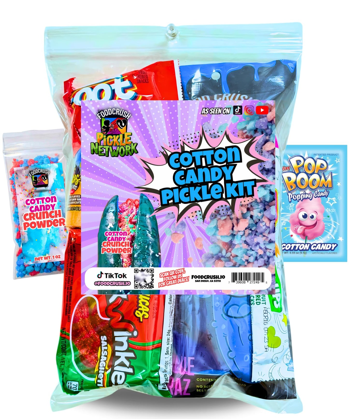 Food Crush Cotton Candy Pickle Kit - 13 Pcs TikTok Candy Gift Pouch for Kids and Teens, Includes Fruit Roll Ups and Mexican Snacks