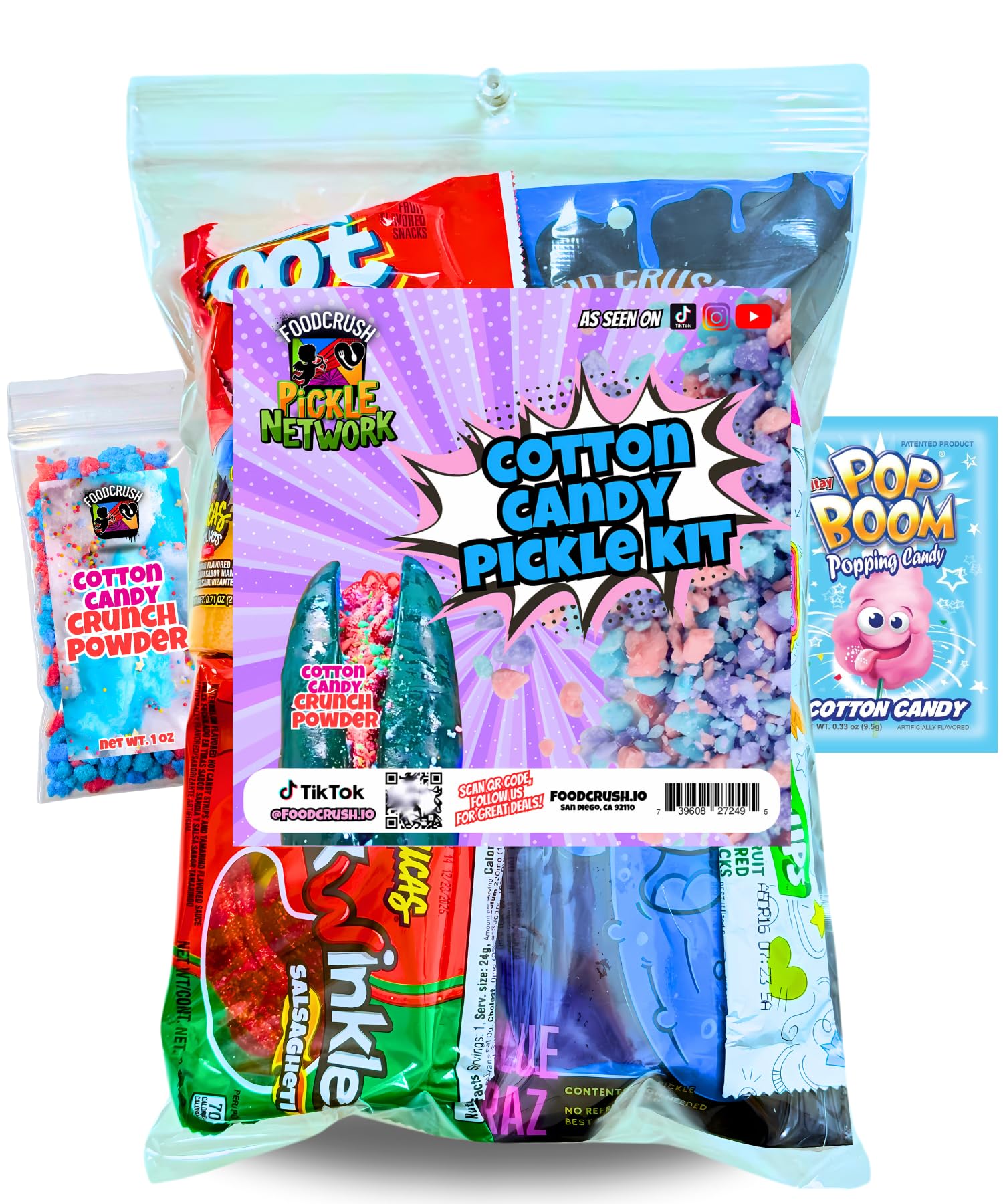 Food Crush Cotton Candy Pickle Kit - 13 Pcs TikTok Candy Gift Pouch for Kids and Teens, Includes Fruit Roll Ups and Mexican Snacks