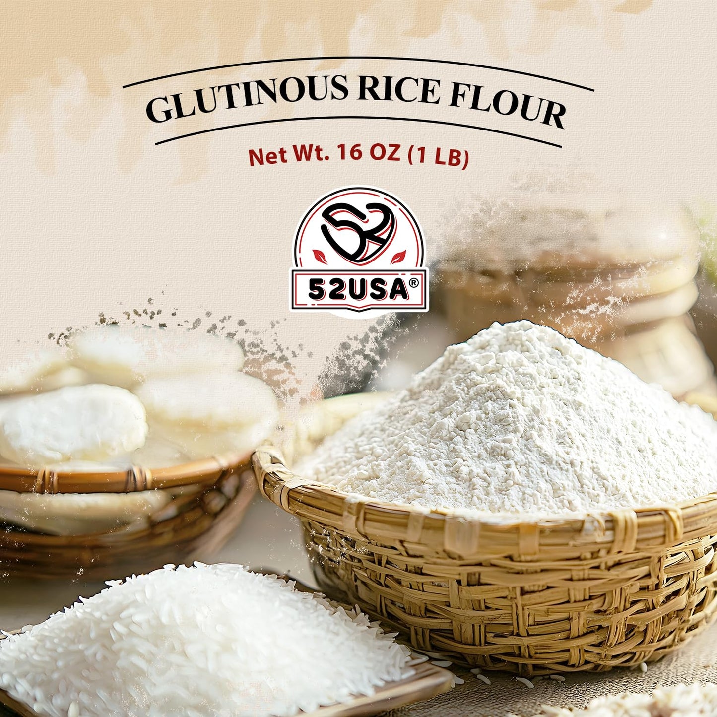 52USA Glutinous Rice Flour, Vegan, All Natural, 16 Ounce, Baking or Cooking, Product of Thailand