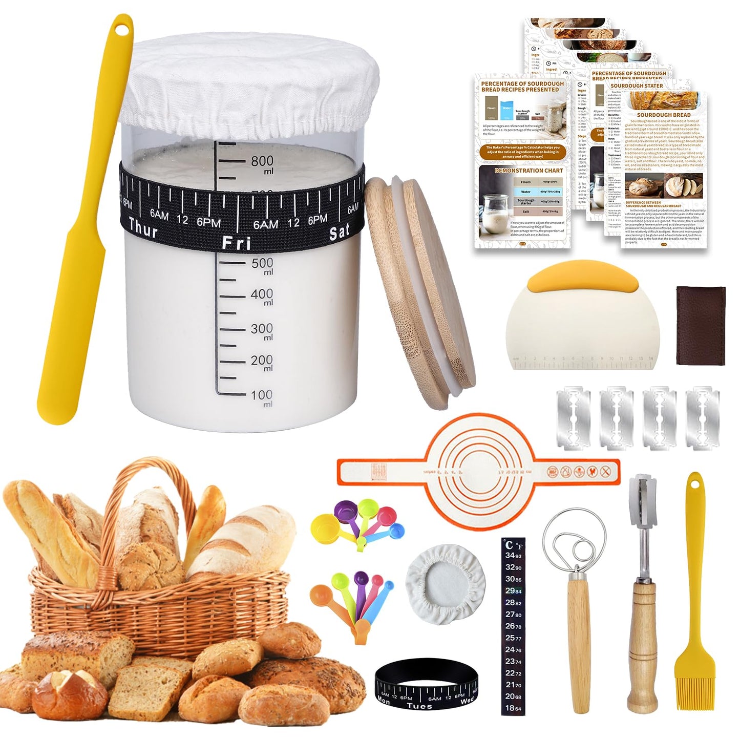 SAGOOITS Sourdough Starter Kit, 34oz Glass Jar, Yellow, Plus-01, Includes 13 Essential Baking Tools