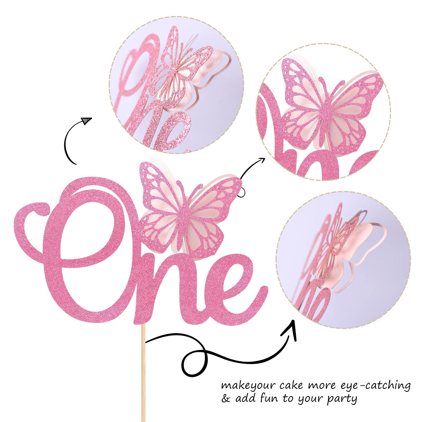 Rssta i Butterfly Cake Topper, Pink Glitter, 1 Pack, for Baby Shower and 1st Birthday Party Decor, Model XM021-new