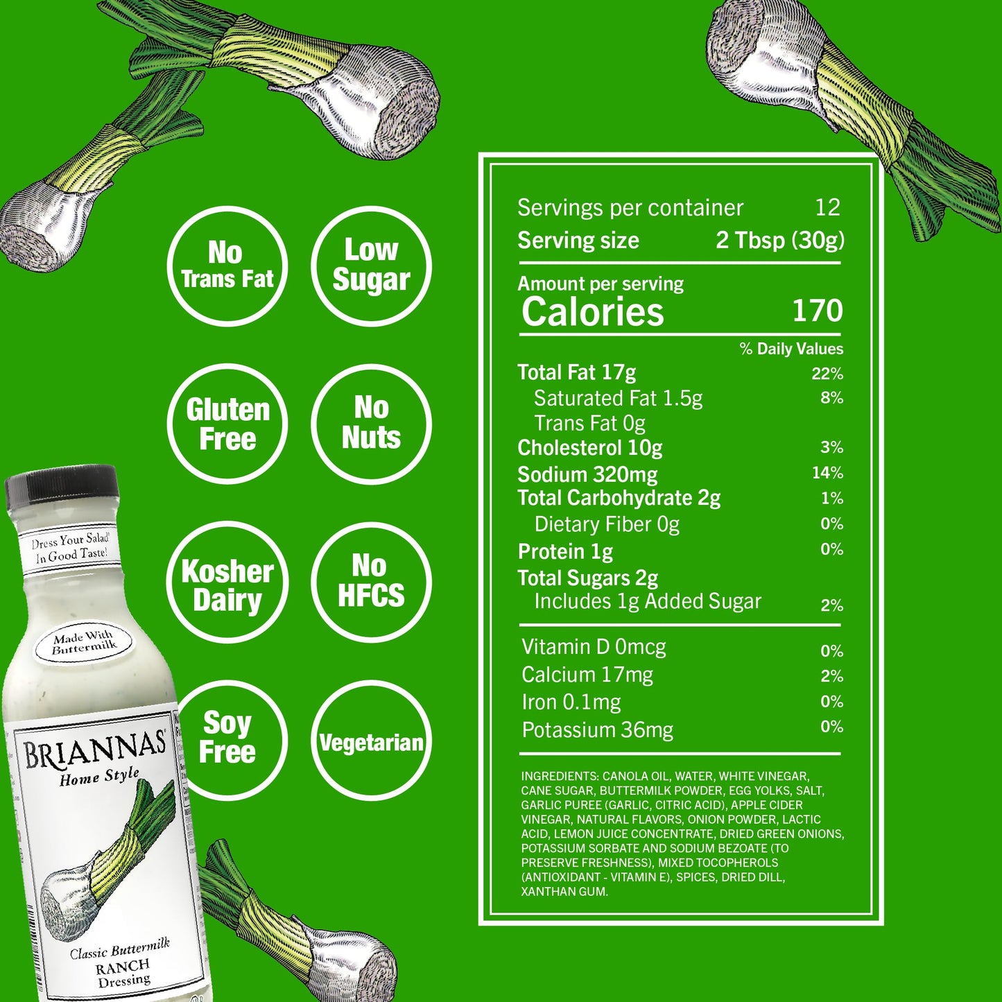 Briannas - Home Style Classic Buttermilk Ranch Dressing - Fine Salad Dressing Made With Premium Ingredients - Gluten Free, Koshe