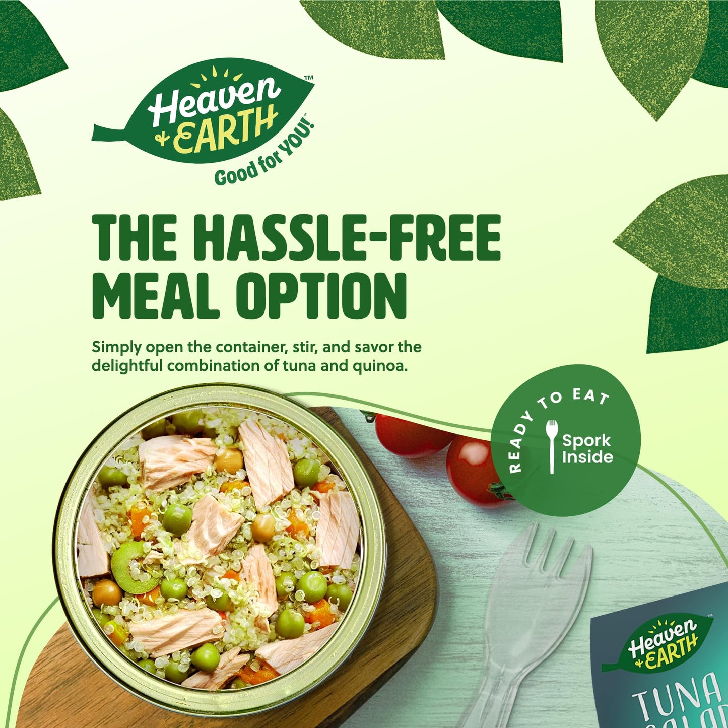 HEAVEN & EARTH Tuna Salad with Quinoa, 5.64oz (4 Pack), Travel Friendly, Spork Included